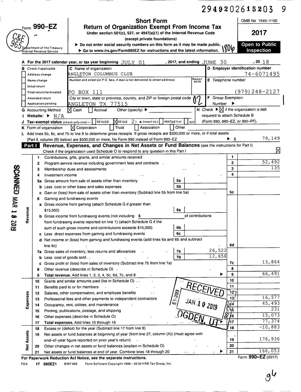 Image of first page of 2017 Form 990EO for Angleton Columbus Club