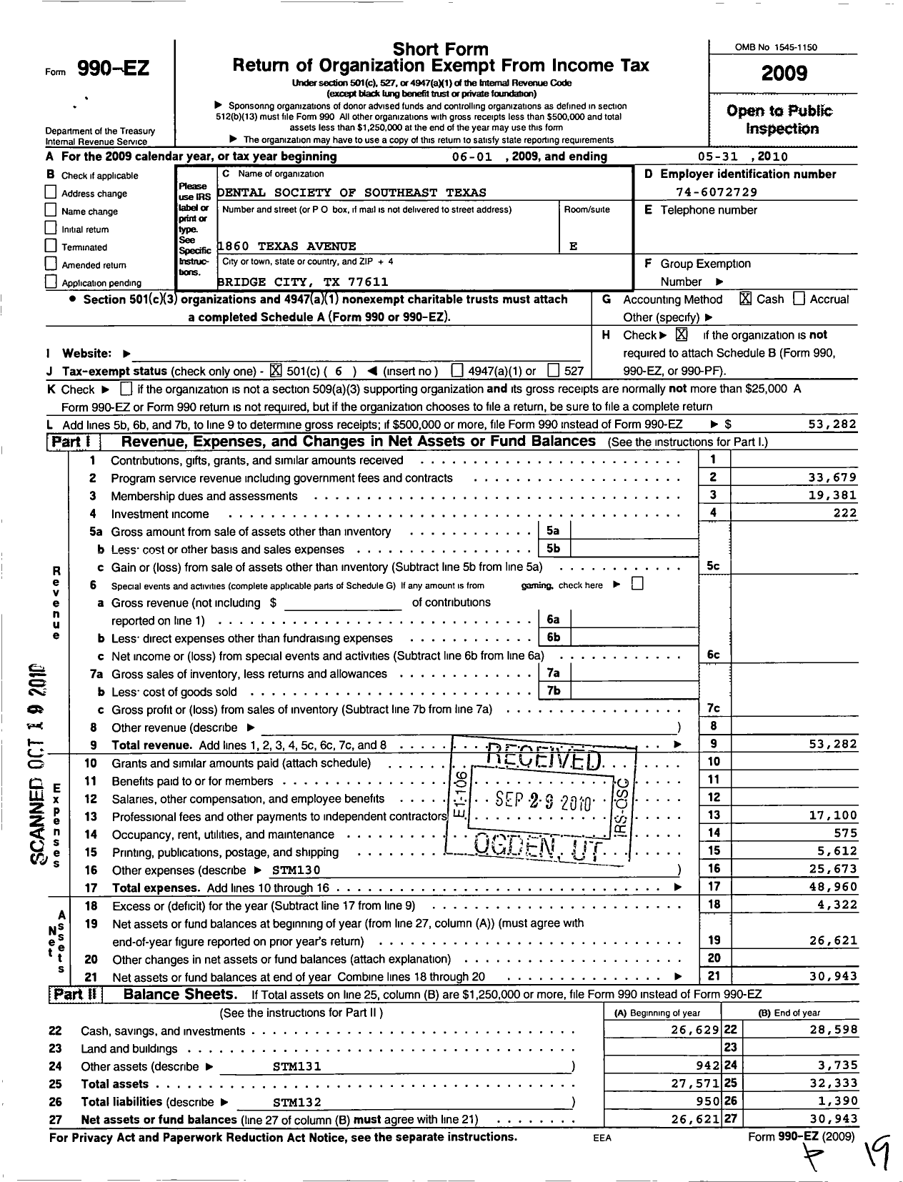 Image of first page of 2009 Form 990EO for Dental Society of Southeast Texas