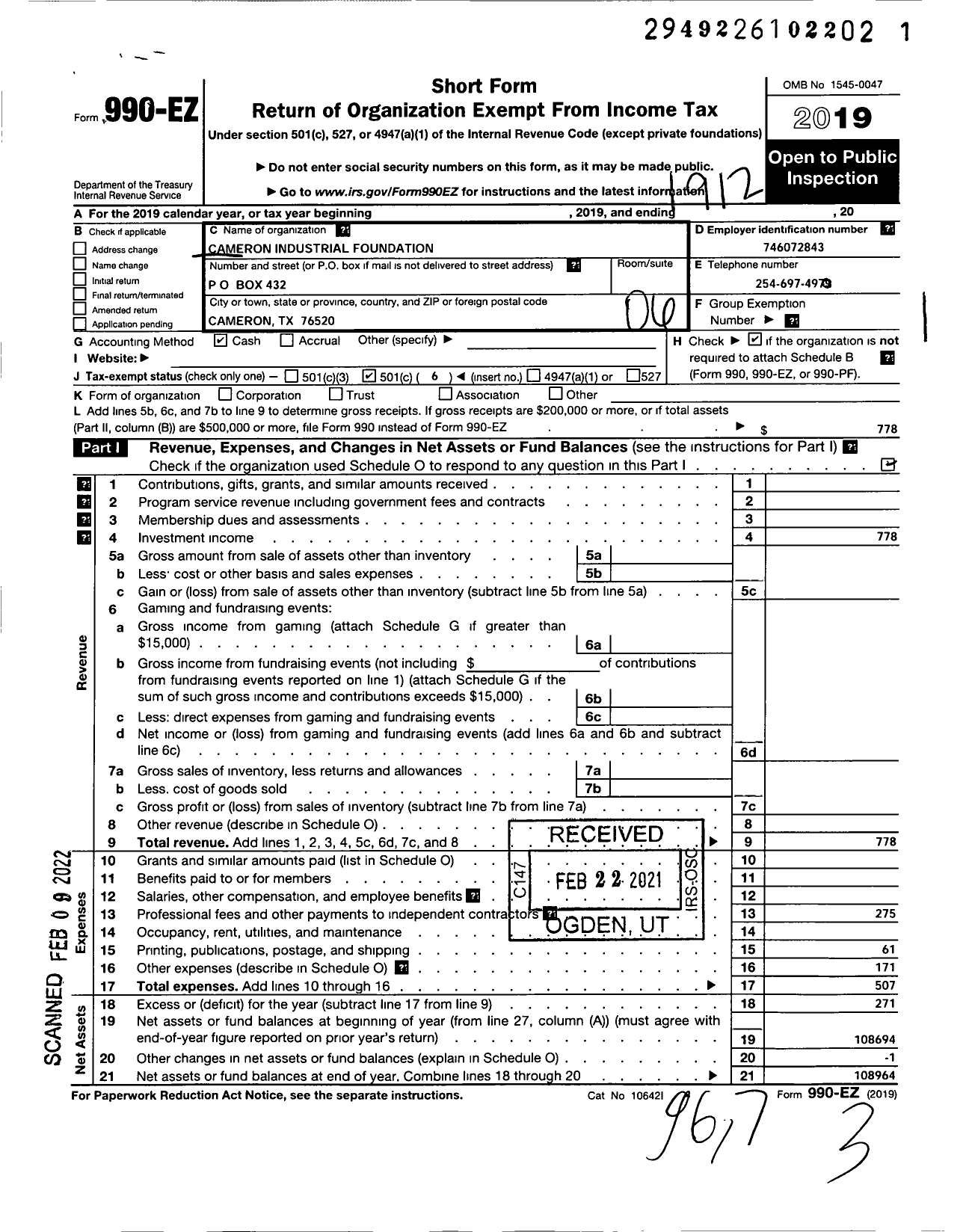 Image of first page of 2019 Form 990EO for Cameron Industrial Foundation