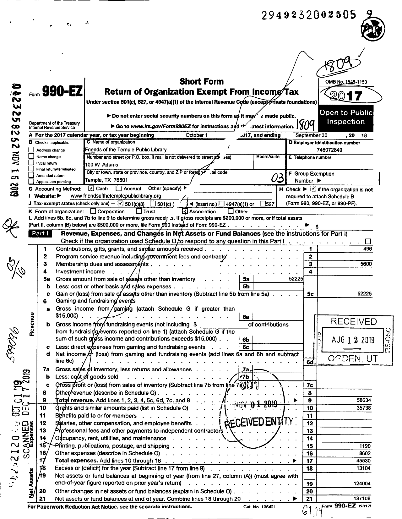 Image of first page of 2017 Form 990EZ for Friends of the Temple Public Library