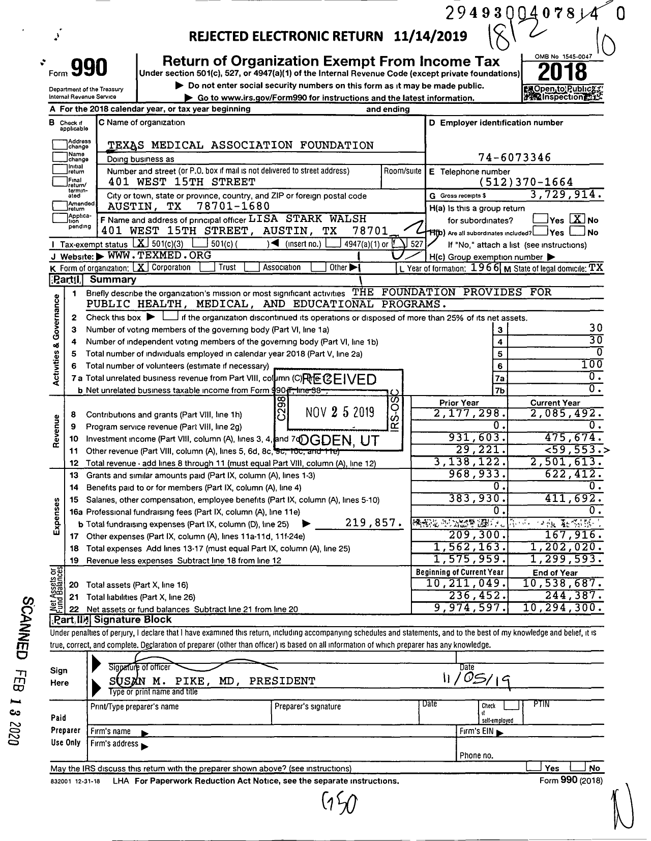 Image of first page of 2018 Form 990 for Texas Medical Association Foundation