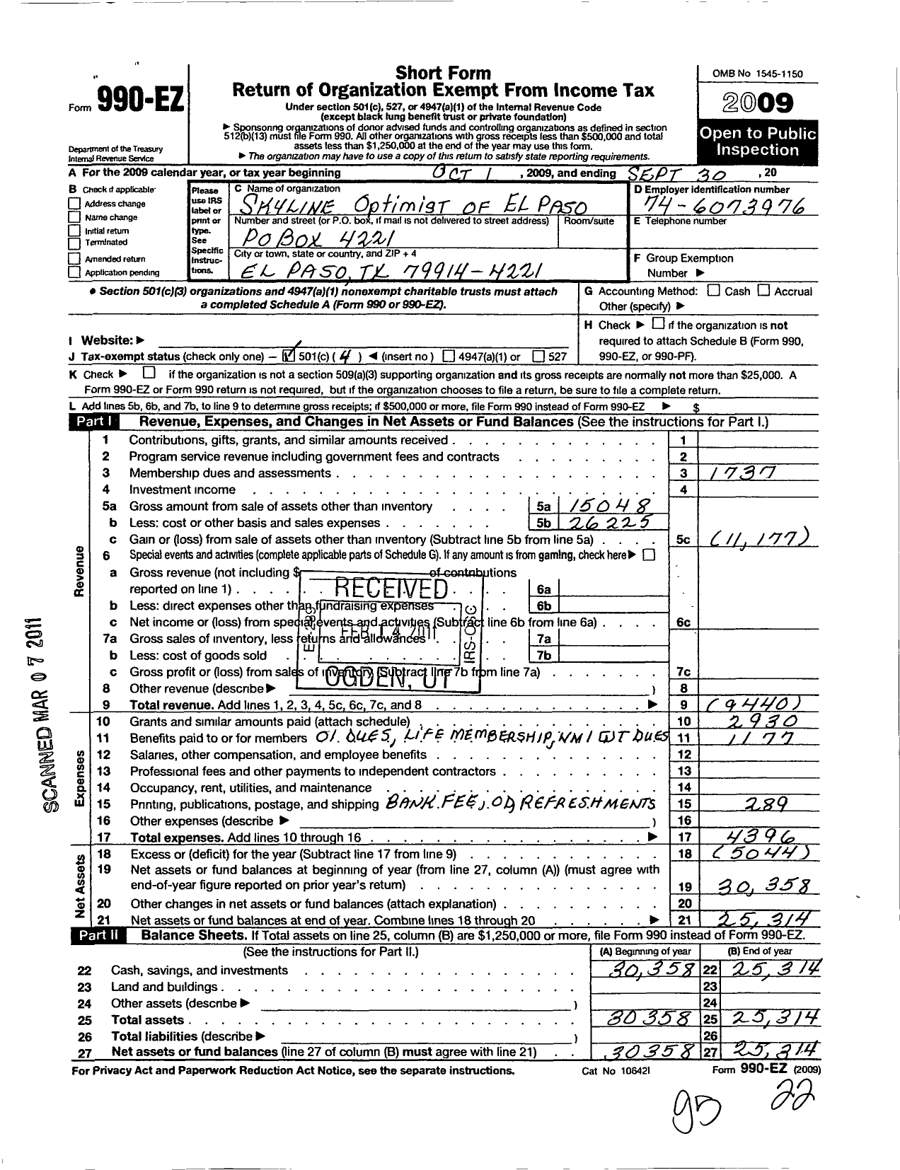 Image of first page of 2008 Form 990EO for Optimist International - 19175 Opti Club of El Paso-Skyline