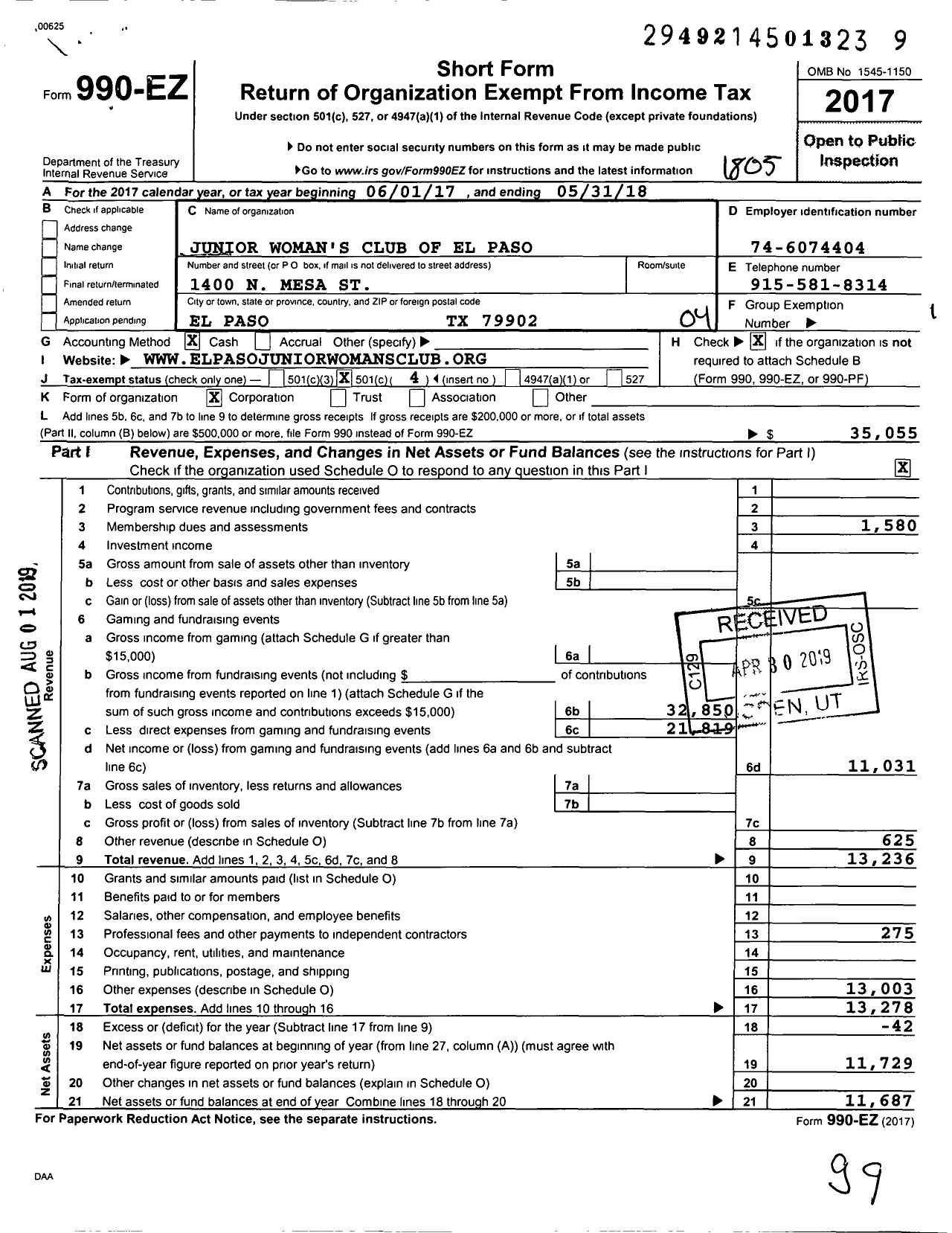 Image of first page of 2017 Form 990EO for Junior Woman's Club of El Paso