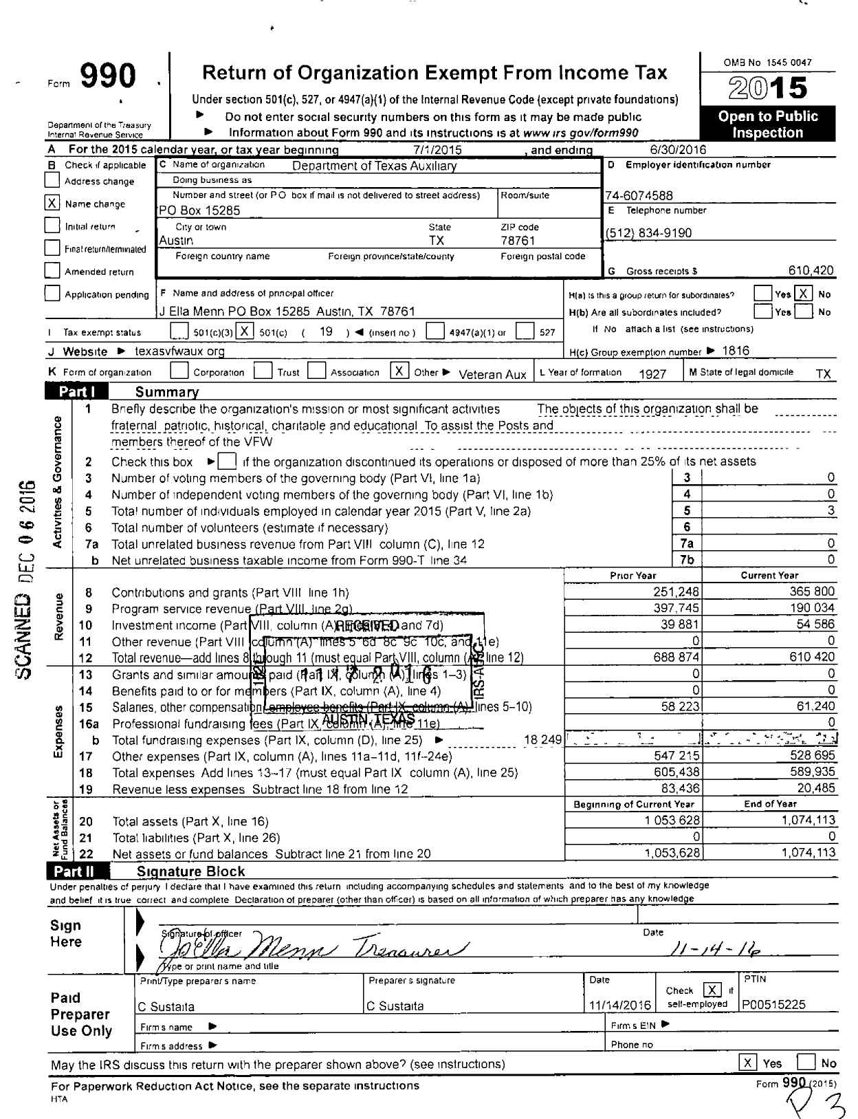 Image of first page of 2015 Form 990O for VFW AUXILIARY DEParTMENT OF TEXAS