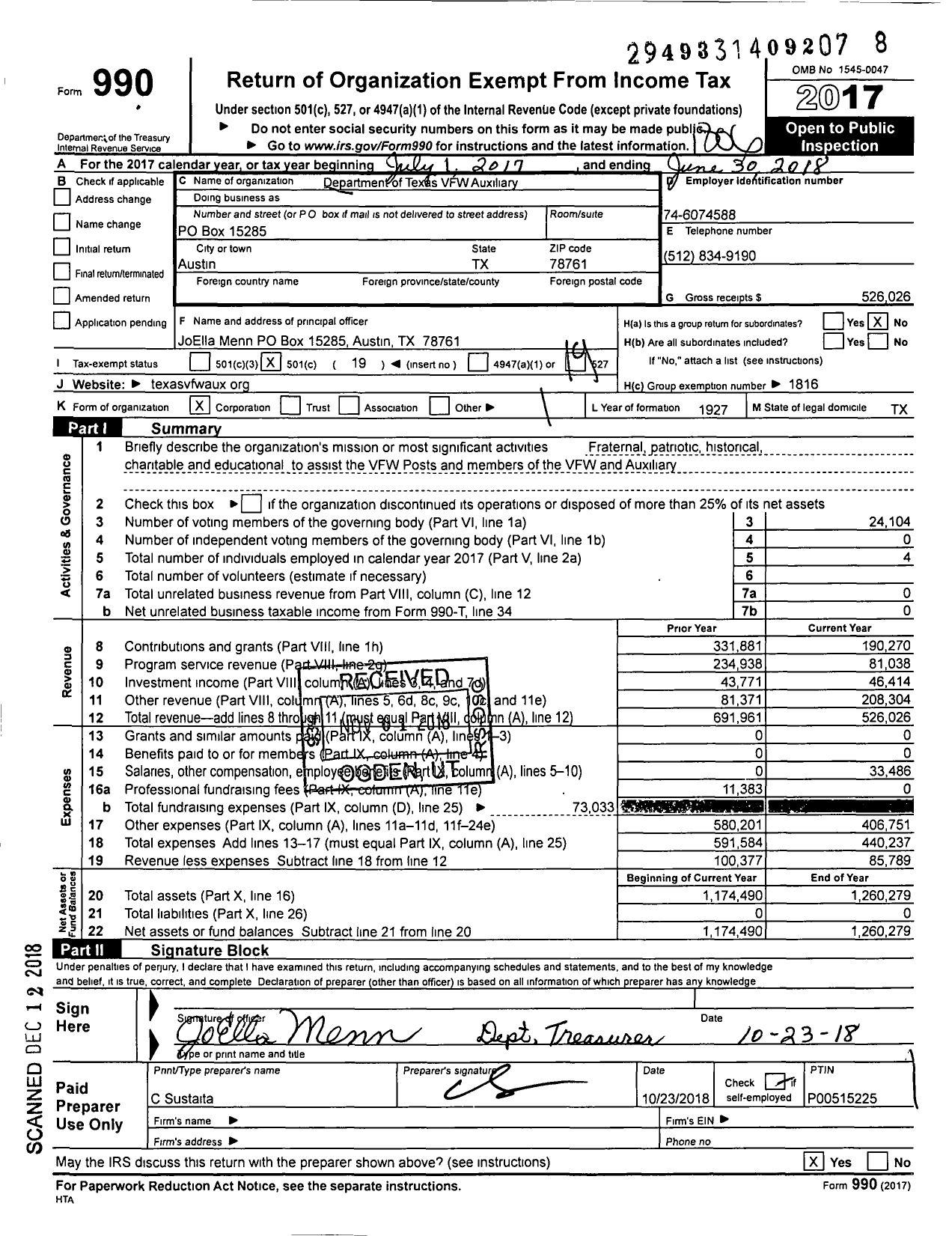 Image of first page of 2017 Form 990O for VFW AUXILIARY DEParTMENT OF TEXAS