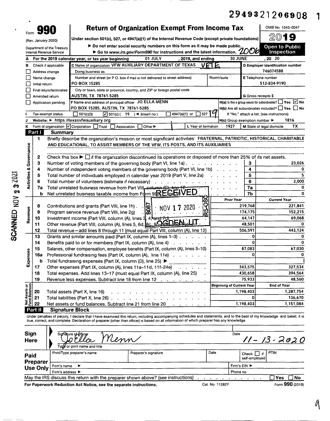 Image of first page of 2019 Form 990O for VFW AUXILIARY DEParTMENT OF TEXAS