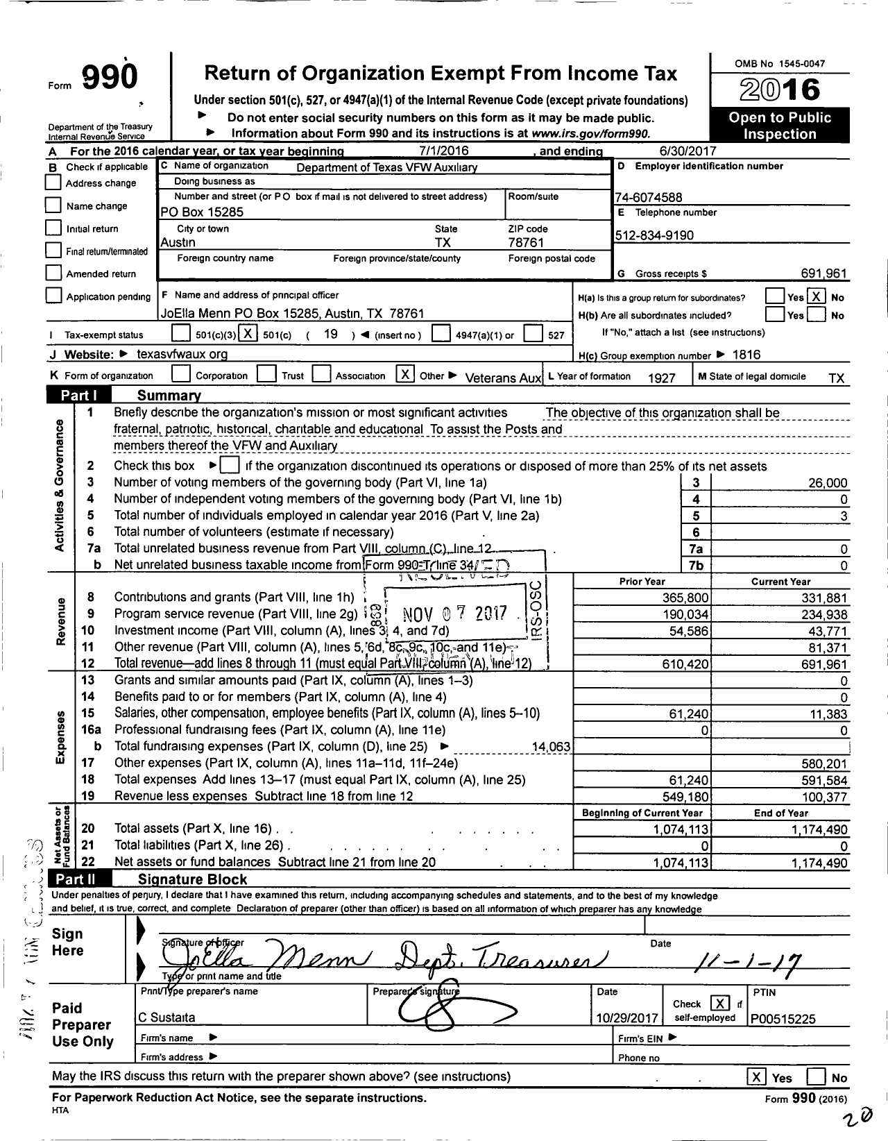 Image of first page of 2016 Form 990O for VFW AUXILIARY DEParTMENT OF TEXAS