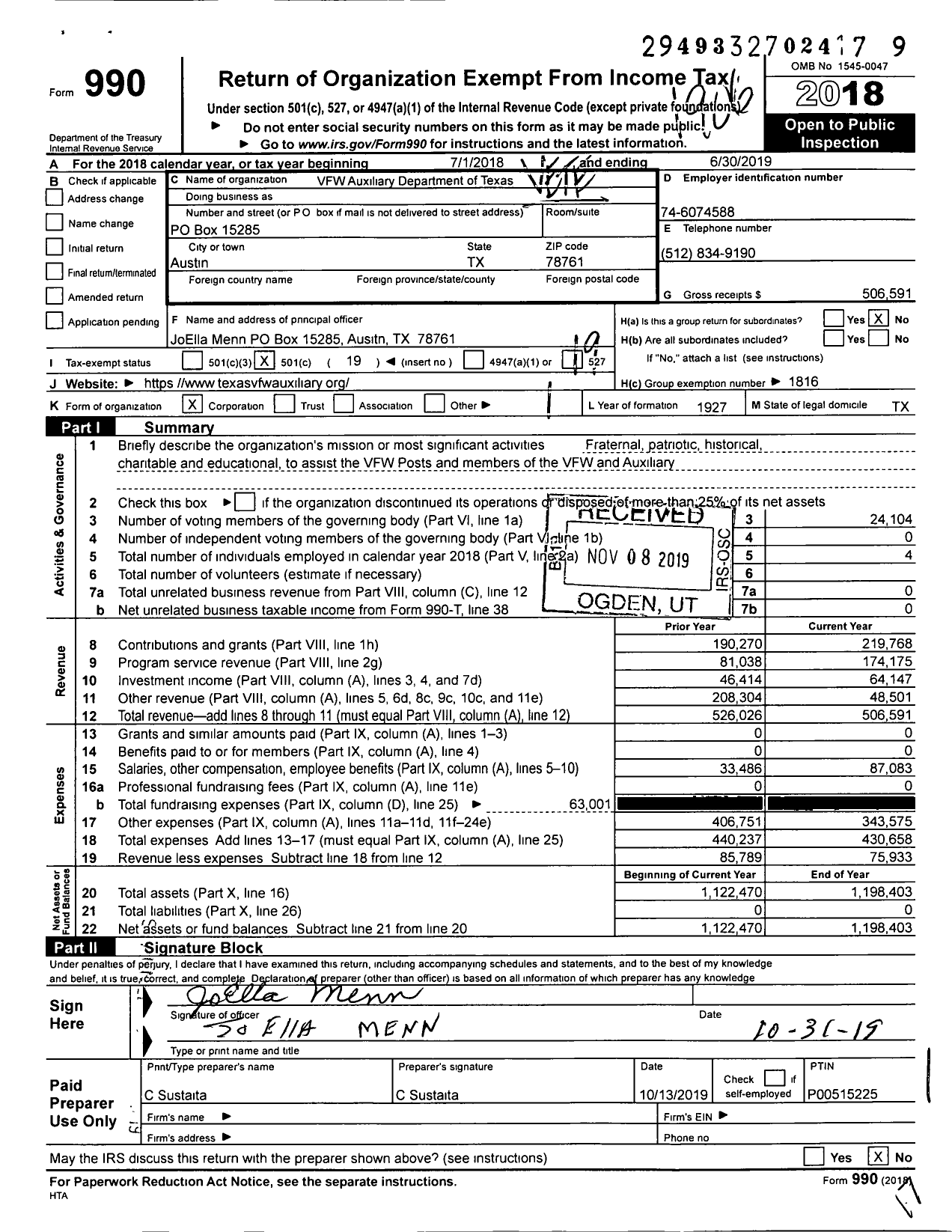 Image of first page of 2018 Form 990O for VFW AUXILIARY DEParTMENT OF TEXAS