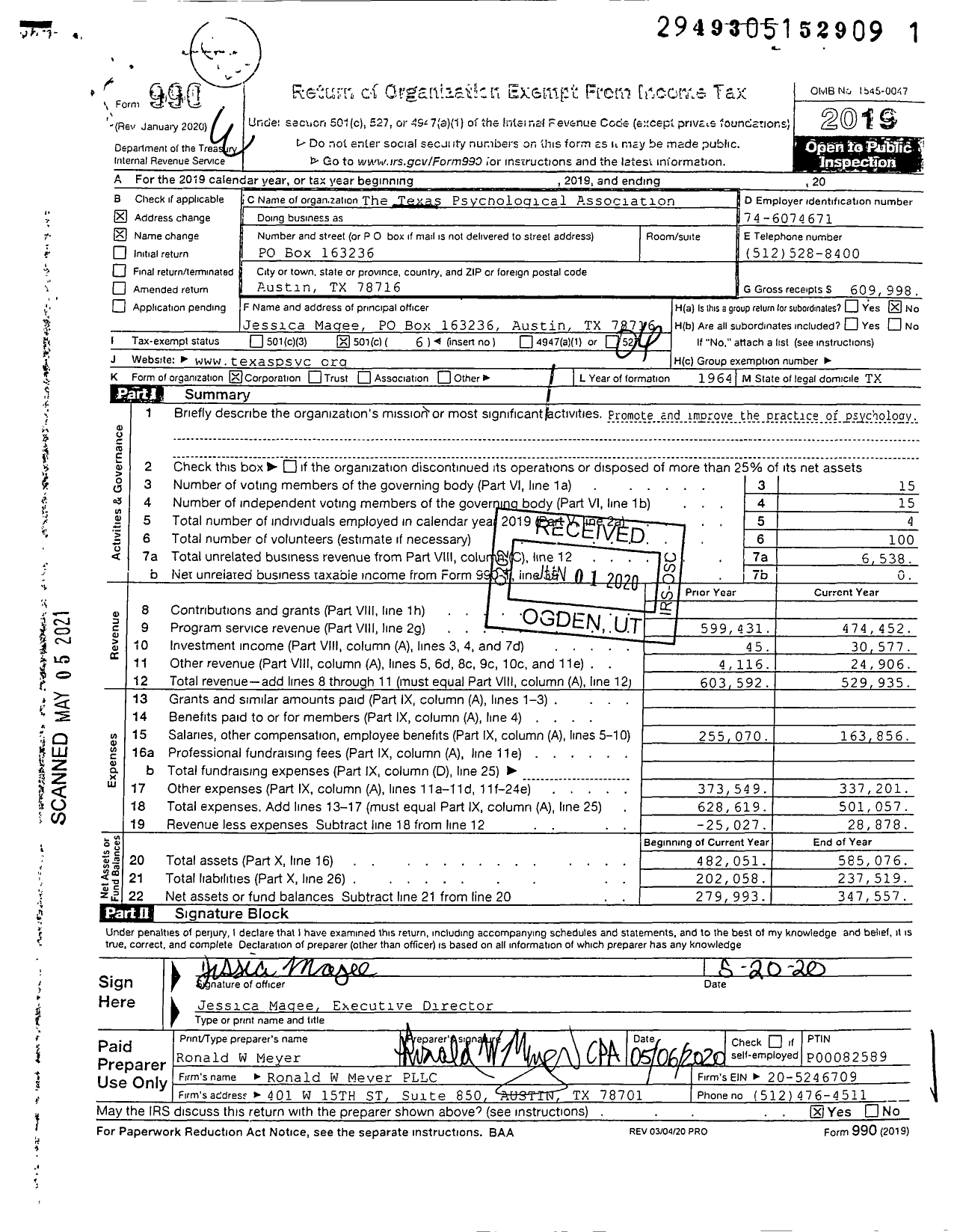 Image of first page of 2019 Form 990O for The Texas Psychological Association