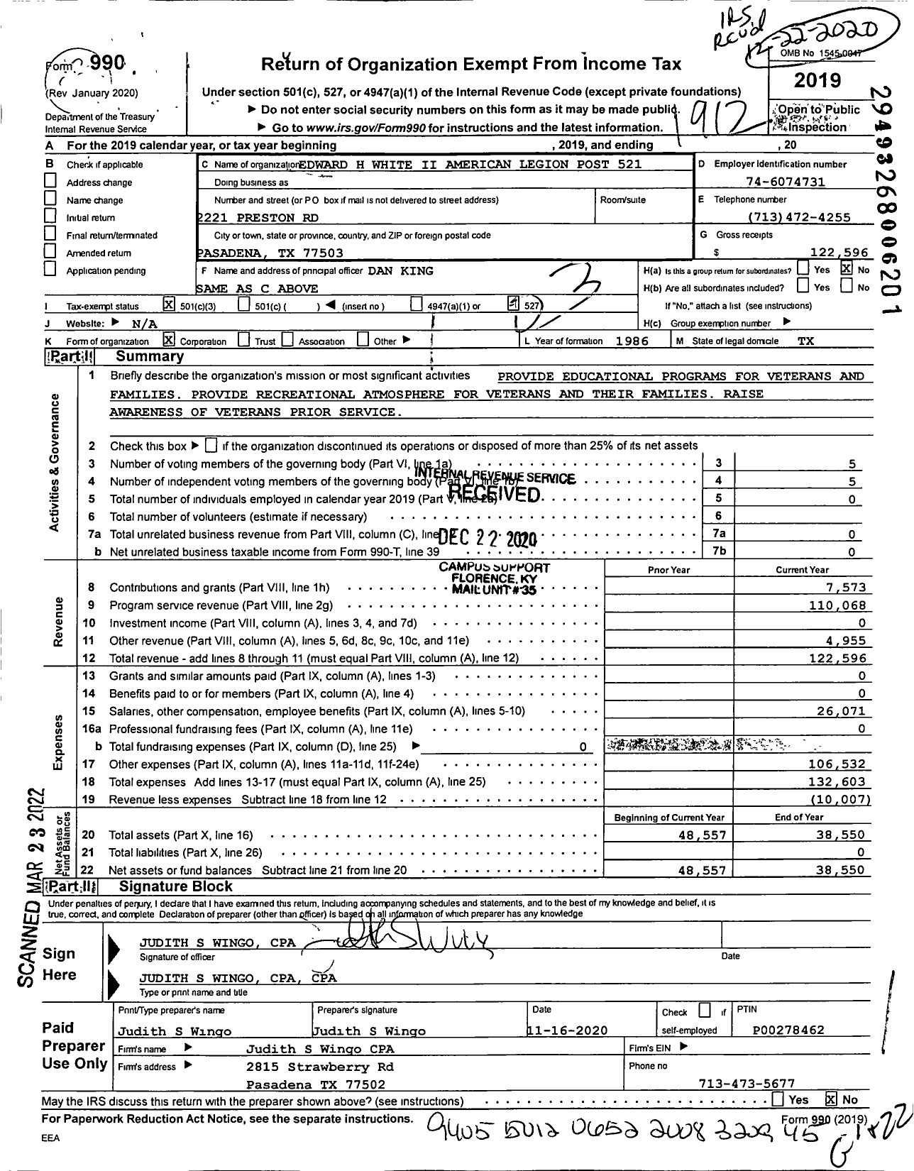 Image of first page of 2019 Form 990 for American Legion - 521 Edward H White Ii Post