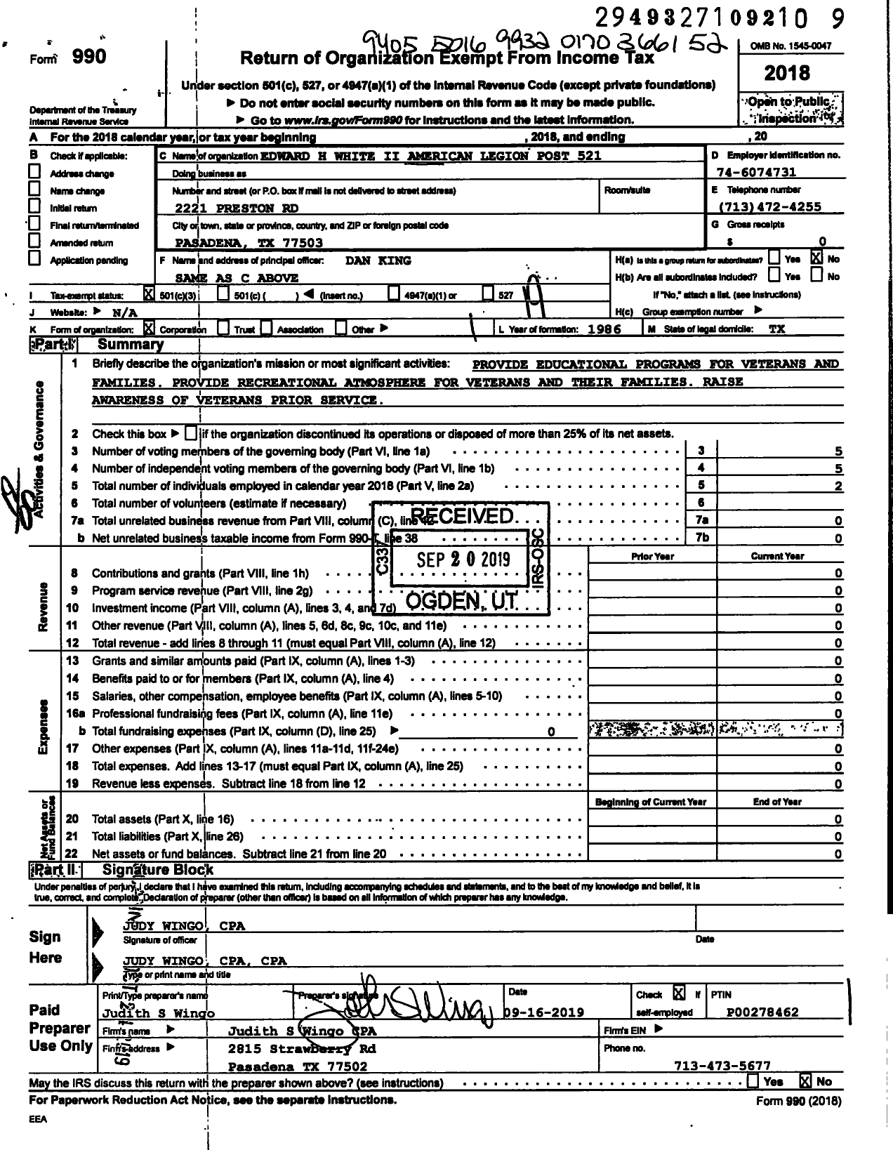 Image of first page of 2018 Form 990O for American Legion - 521 Edward H White Ii Post