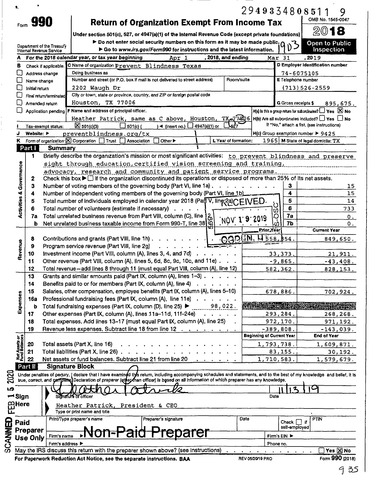 Image of first page of 2018 Form 990 for Prevent Blindness Texas