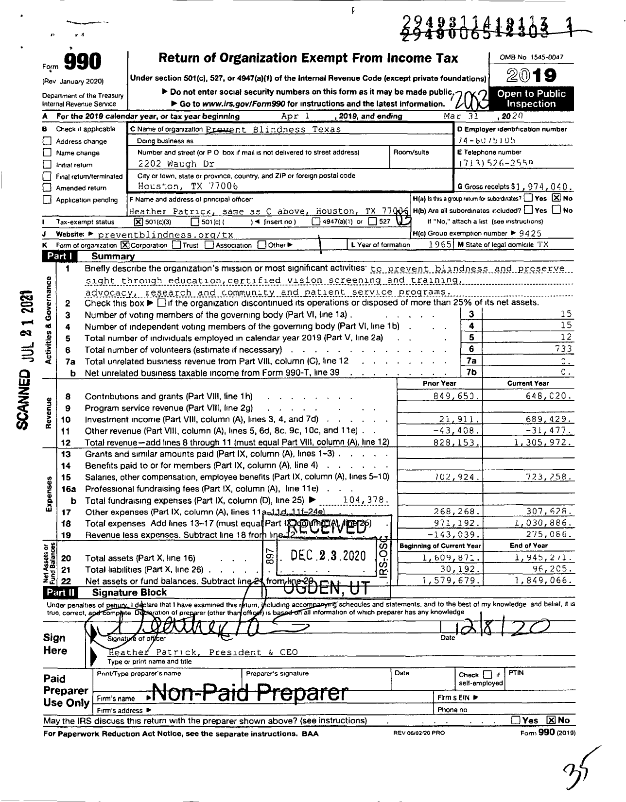 Image of first page of 2019 Form 990 for Prevent Blindness Texas