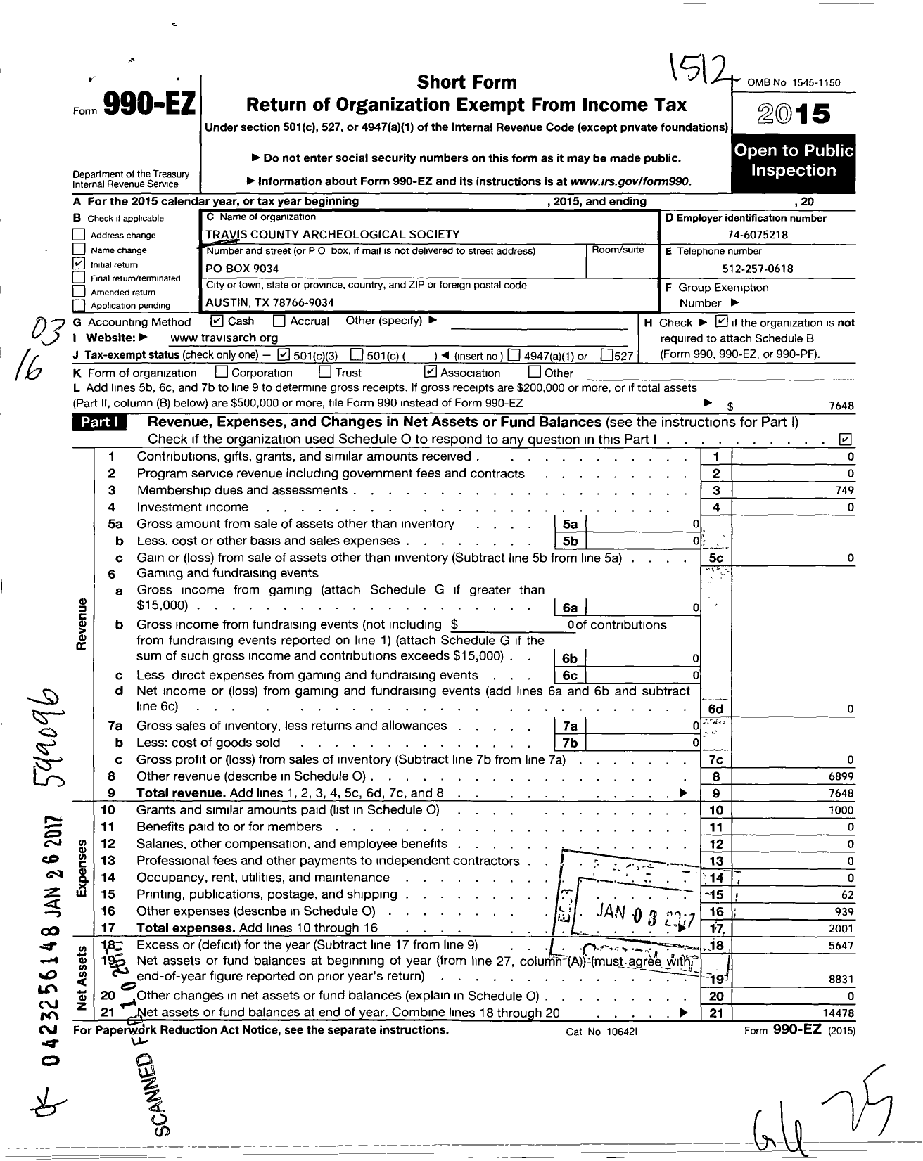 Image of first page of 2015 Form 990EZ for Travis County Archeological Society