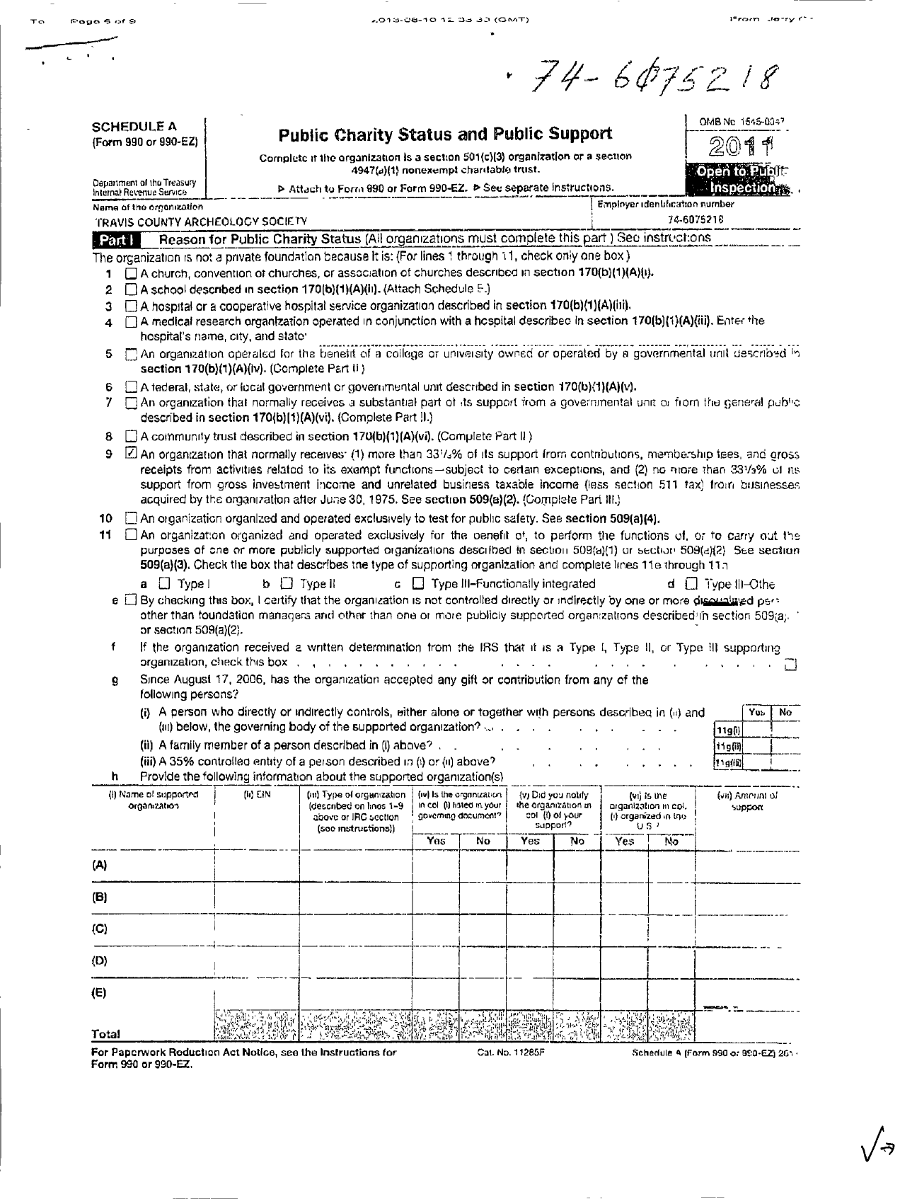 Image of first page of 2011 Form 990ER for Travis County Archeological Society