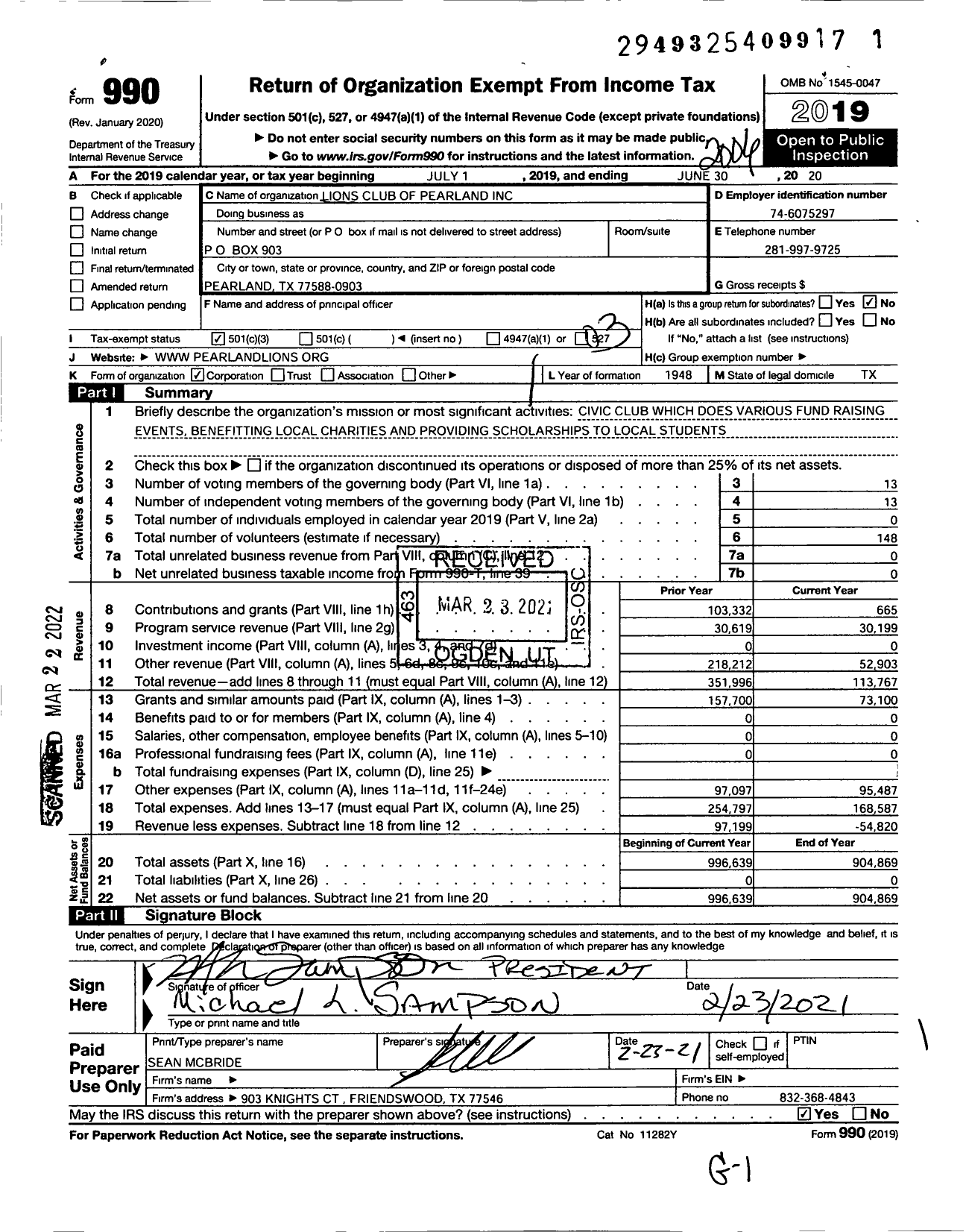 Image of first page of 2019 Form 990 for Lions Club of Pearland