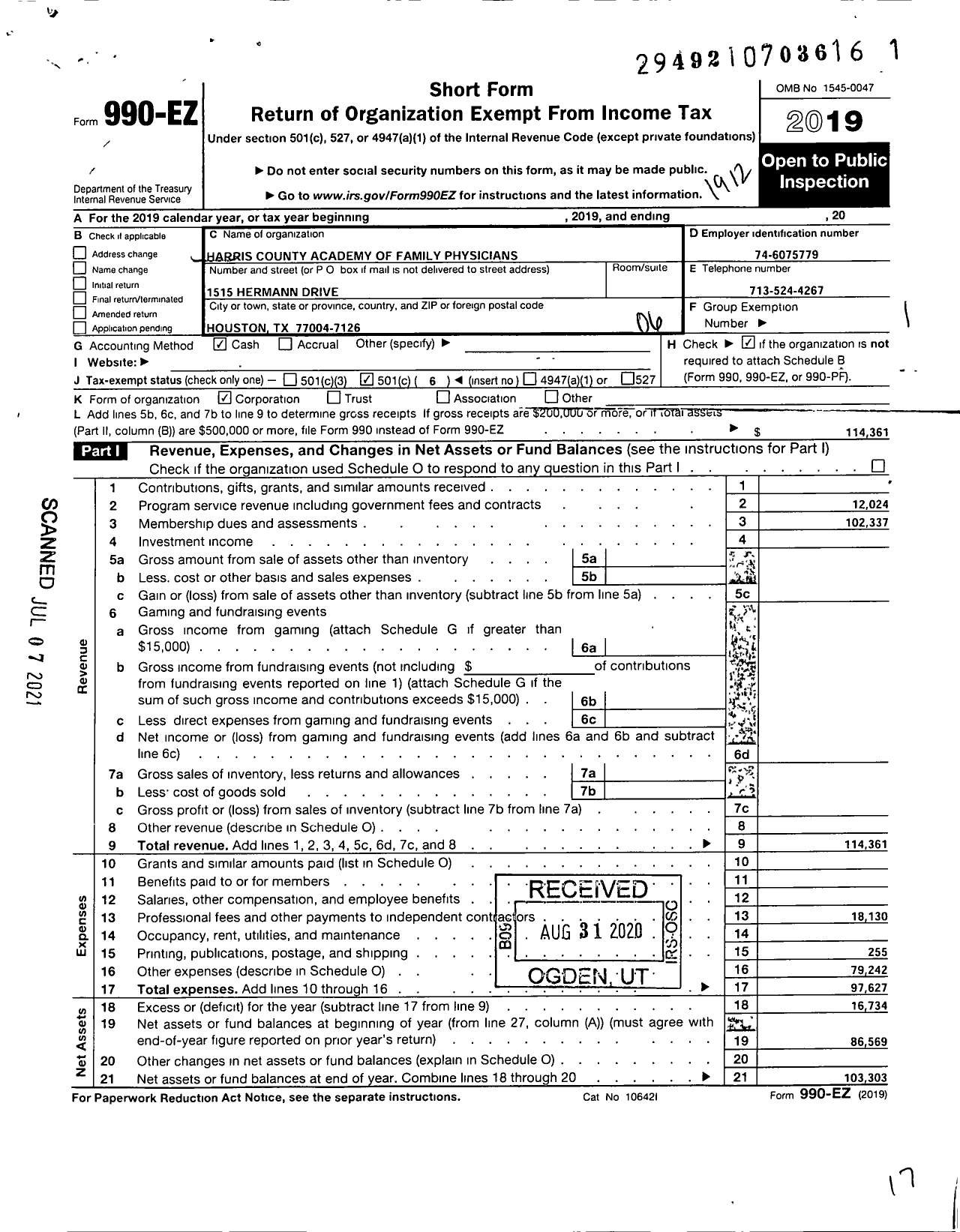 Image of first page of 2019 Form 990EO for American Academy of Family Physicians - Harris County Chapter