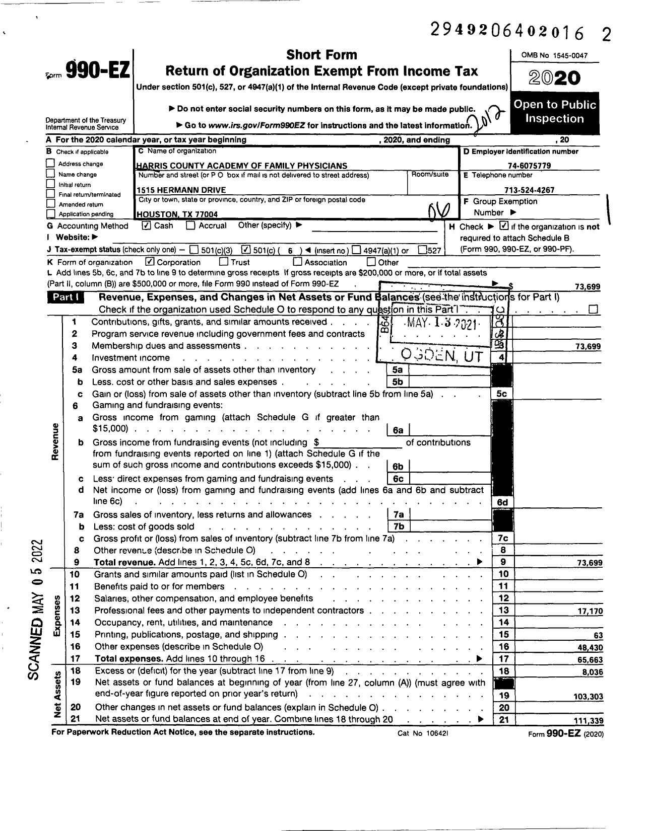 Image of first page of 2020 Form 990EO for American Academy of Family Physicians - Harris County Chapter