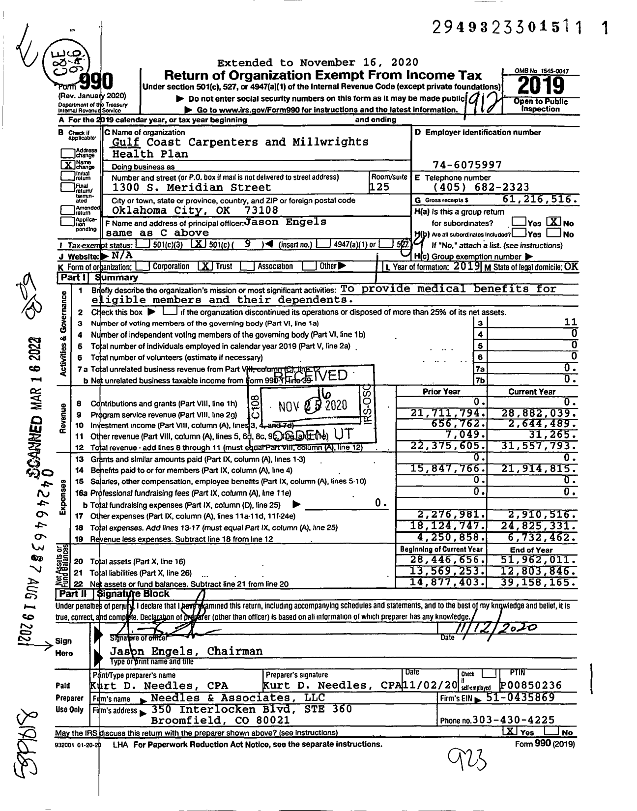 Image of first page of 2019 Form 990O for Gulf Coast Carpenters and Millwrights Health Plan