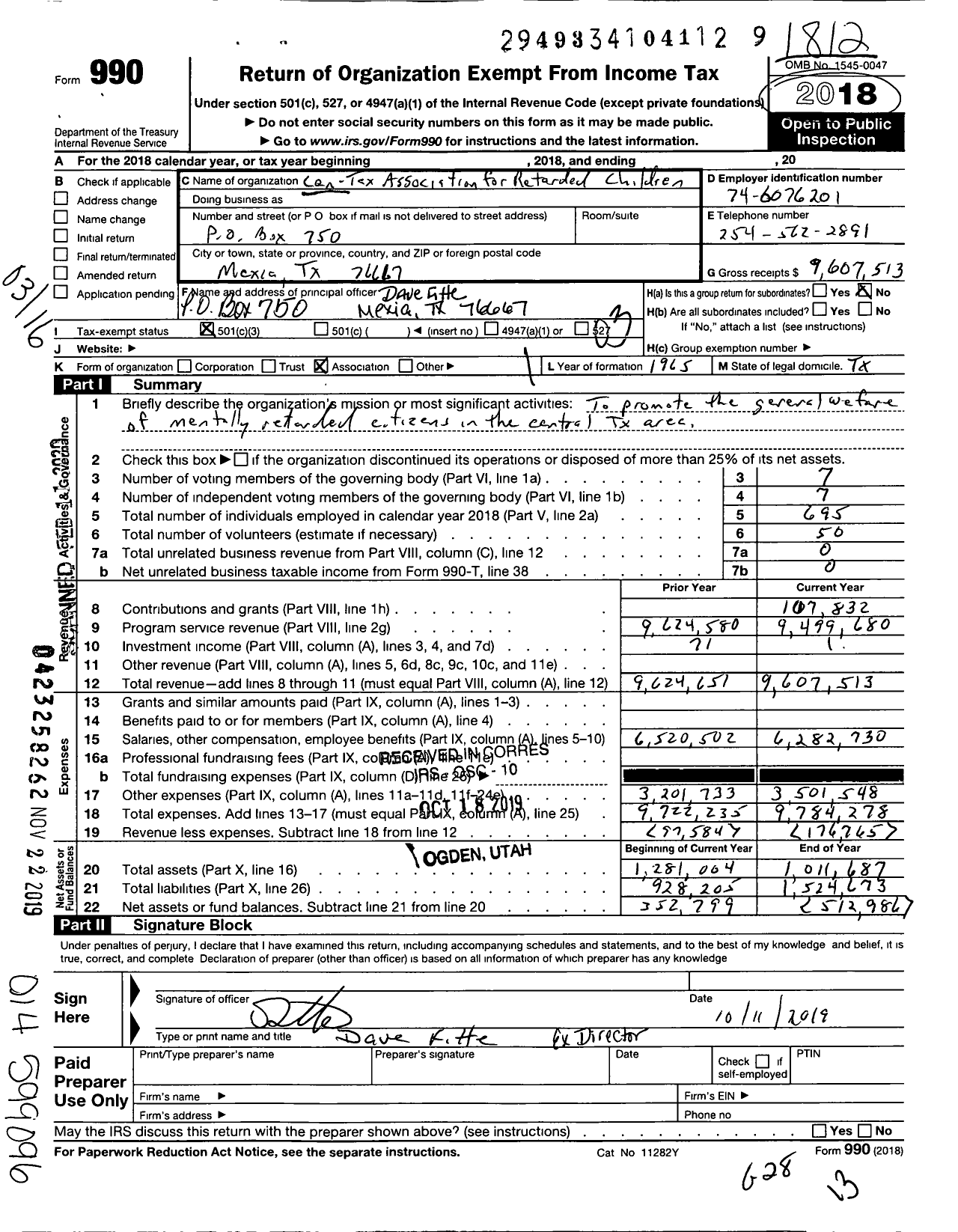 Image of first page of 2018 Form 990 for Cen-Tex Association for Retarded Children