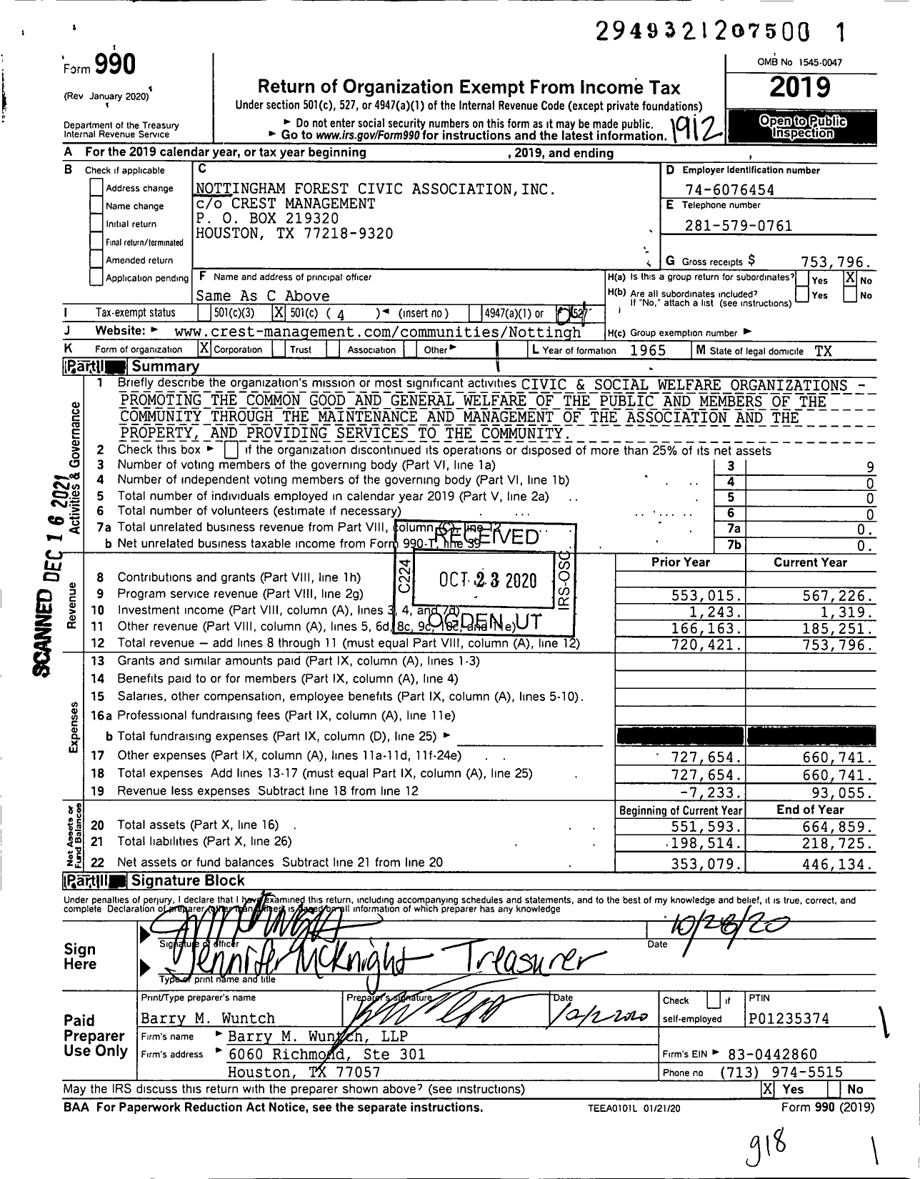 Image of first page of 2019 Form 990O for Nottingham Forest Civic Association