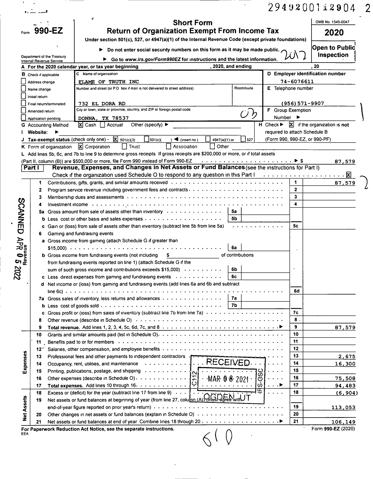 Image of first page of 2020 Form 990EZ for Flame of Truth