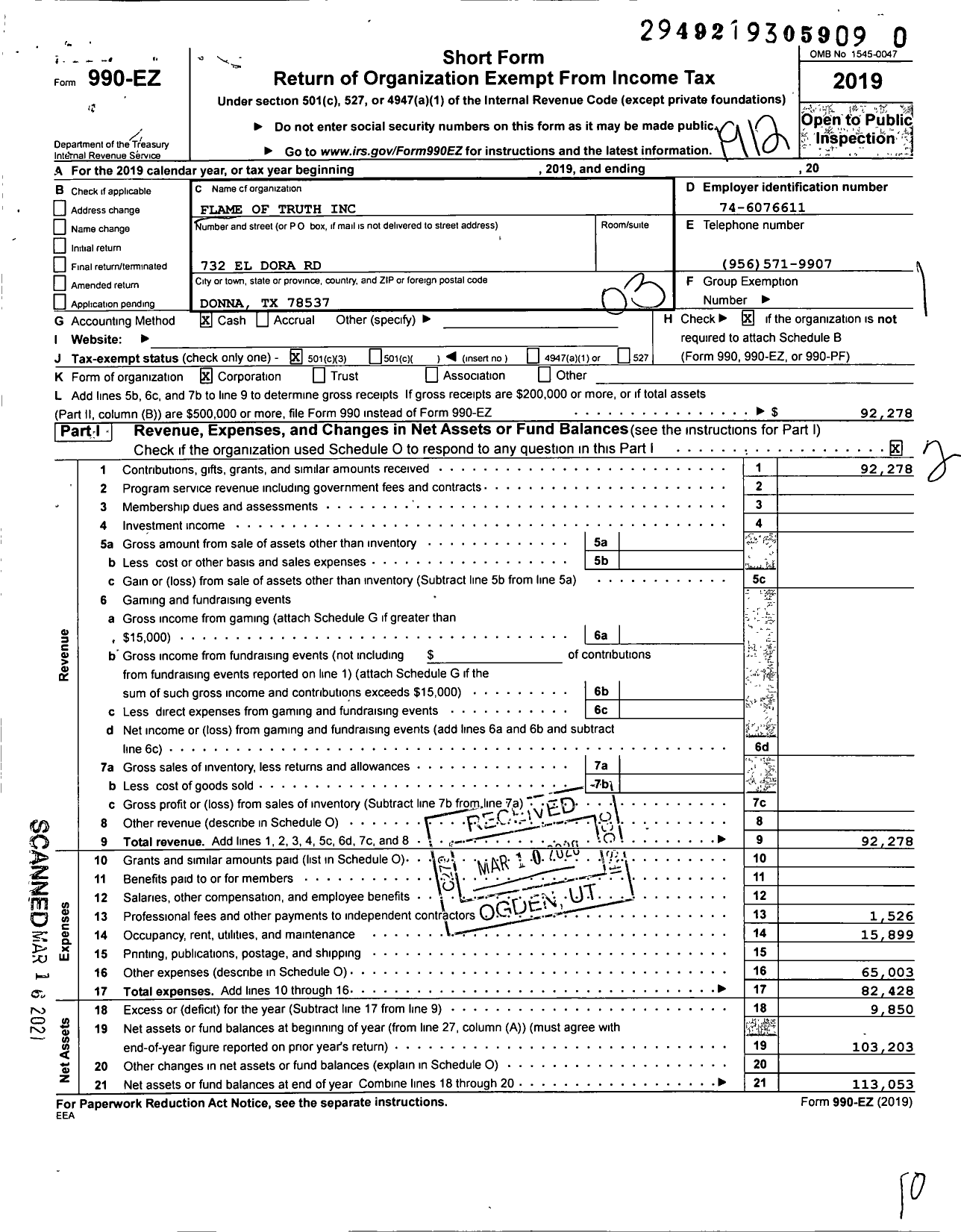 Image of first page of 2019 Form 990EZ for Flame of Truth