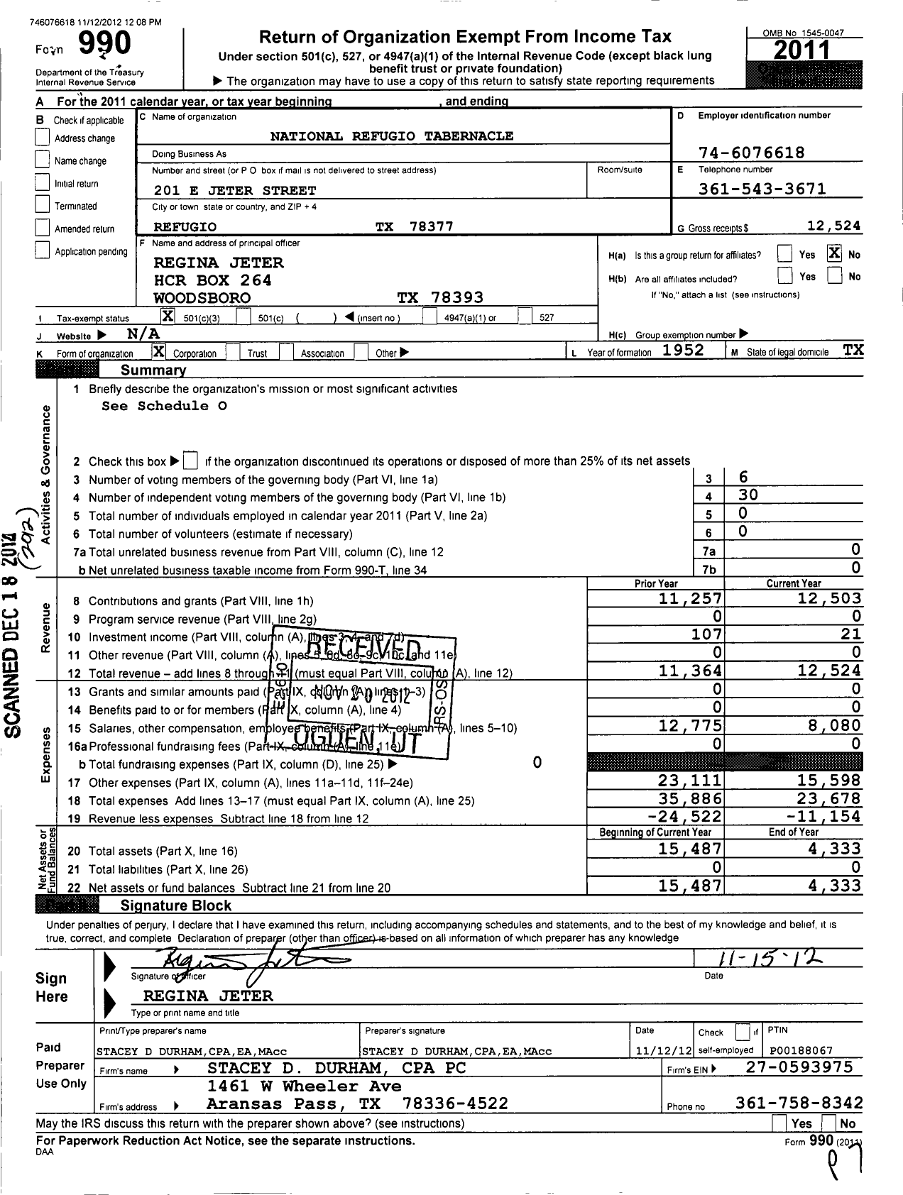 Image of first page of 2011 Form 990 for National Refugio Tabernacle