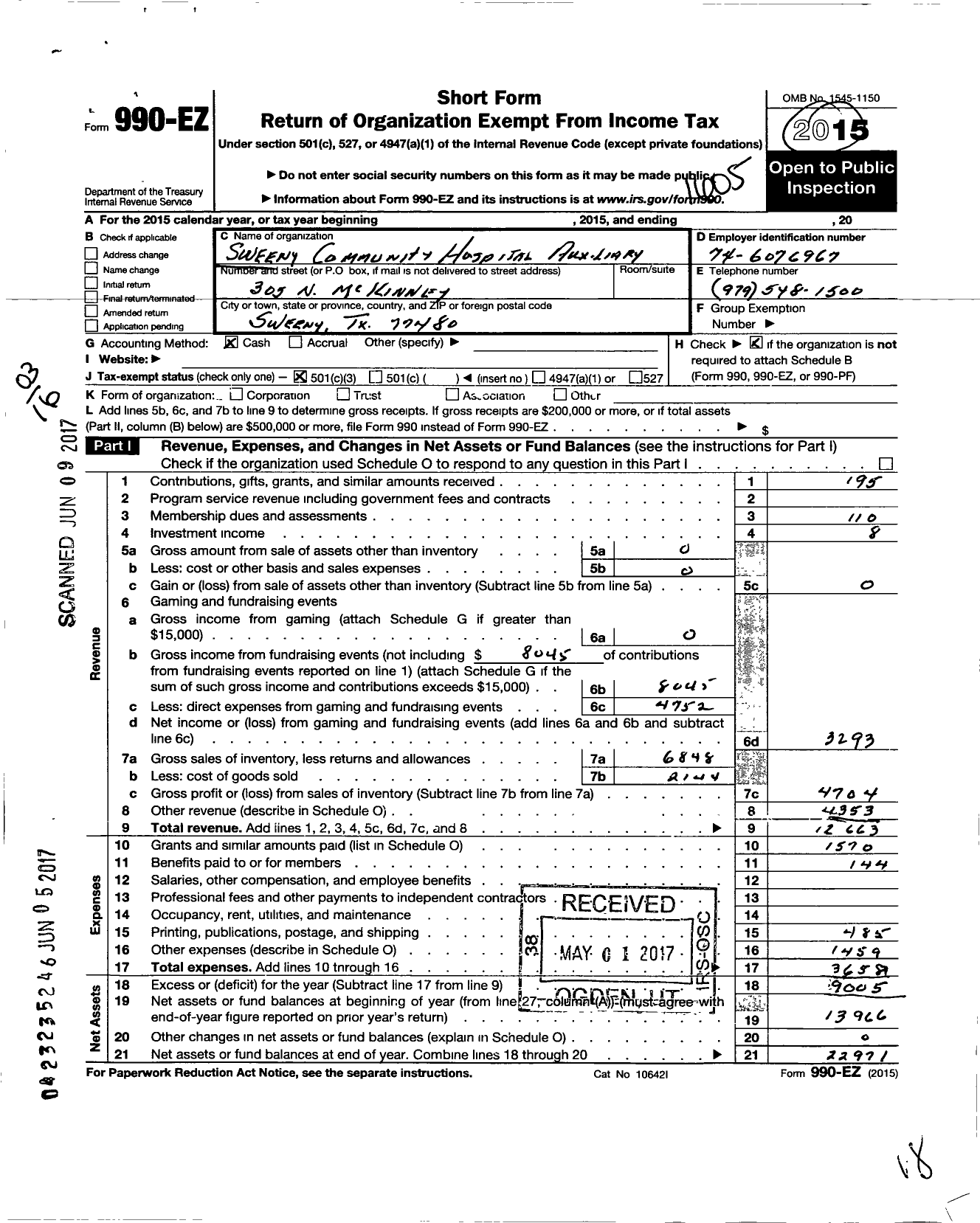 Image of first page of 2015 Form 990EZ for Sweeny Community Hospital Auxiliary