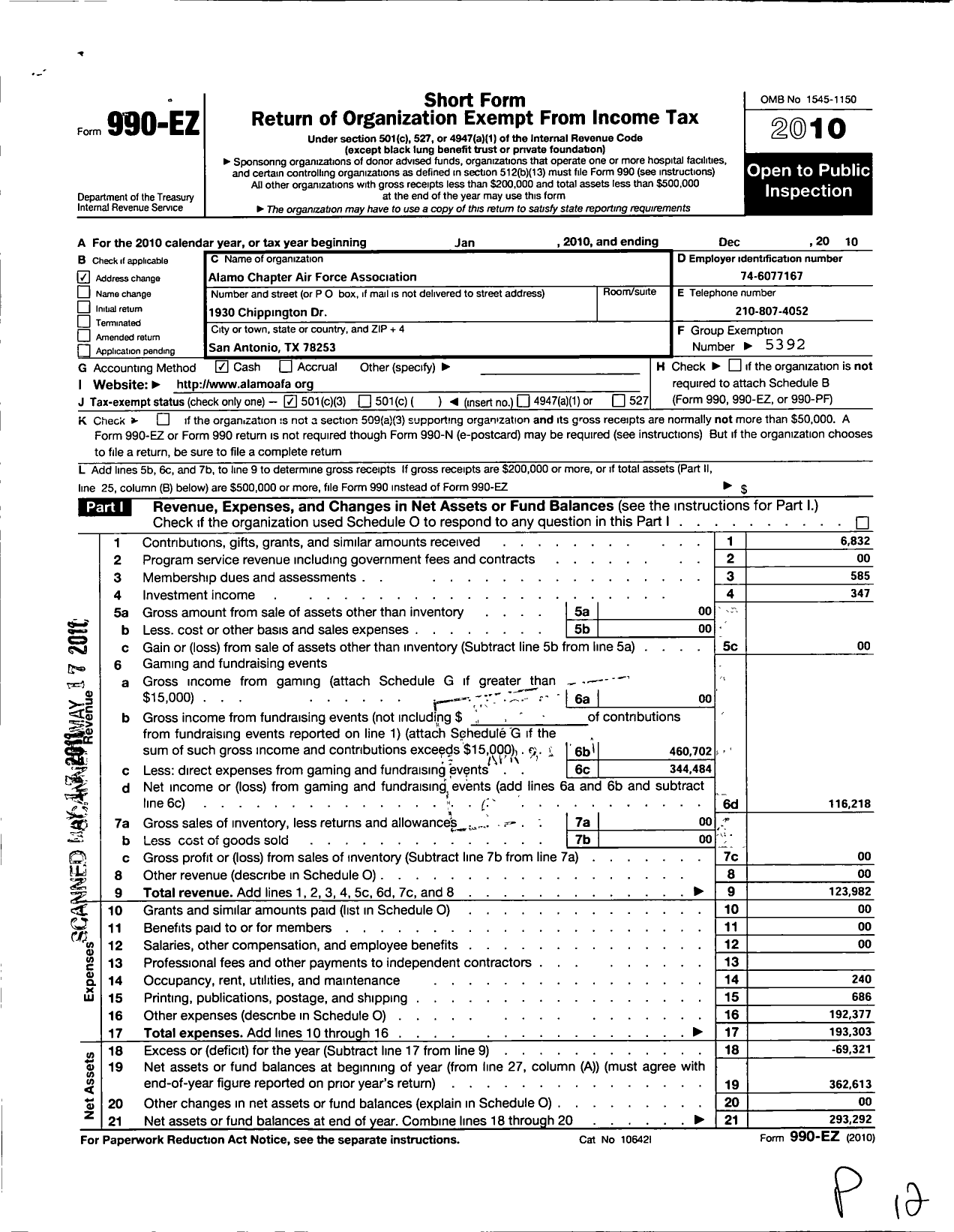 Image of first page of 2010 Form 990EZ for Air Force Association - 234 Af Alamo Chapter