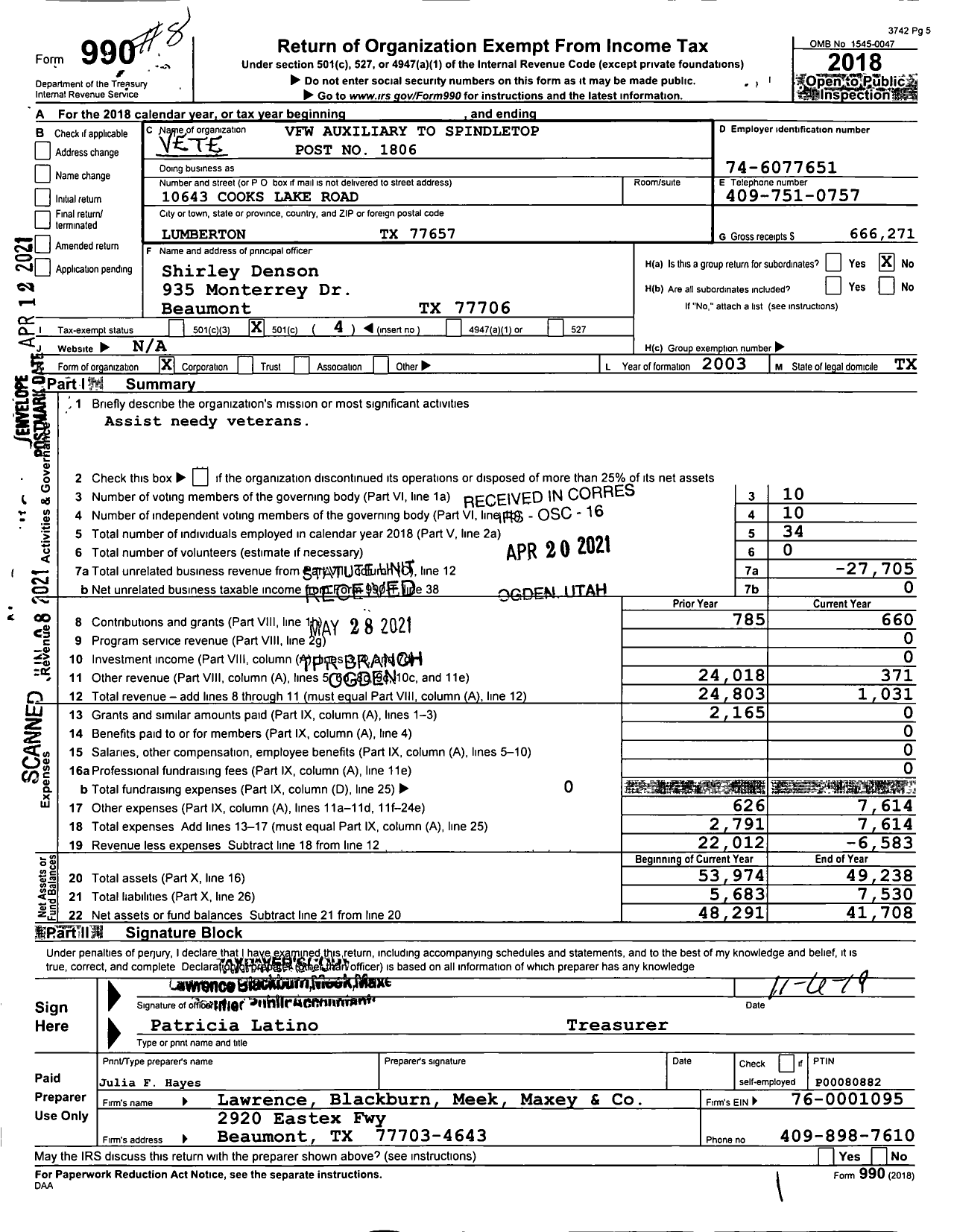 Image of first page of 2018 Form 990OA for Veterans of Foreign Wars of the Us Dept of Texas Auxiliary - 1806 Spindletop VFW Auxiliary