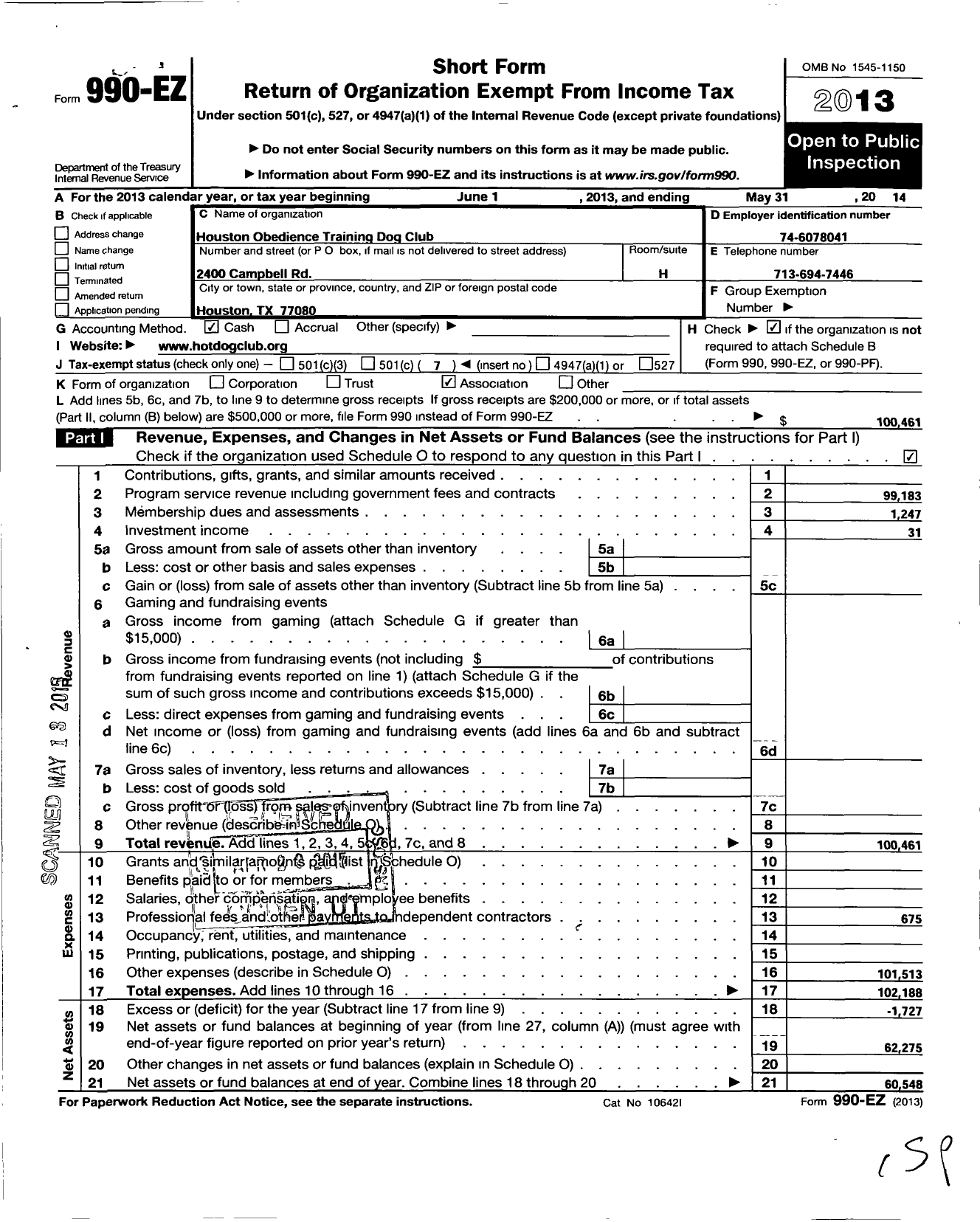 Image of first page of 2013 Form 990EO for Houston Obedience Training Dog Club