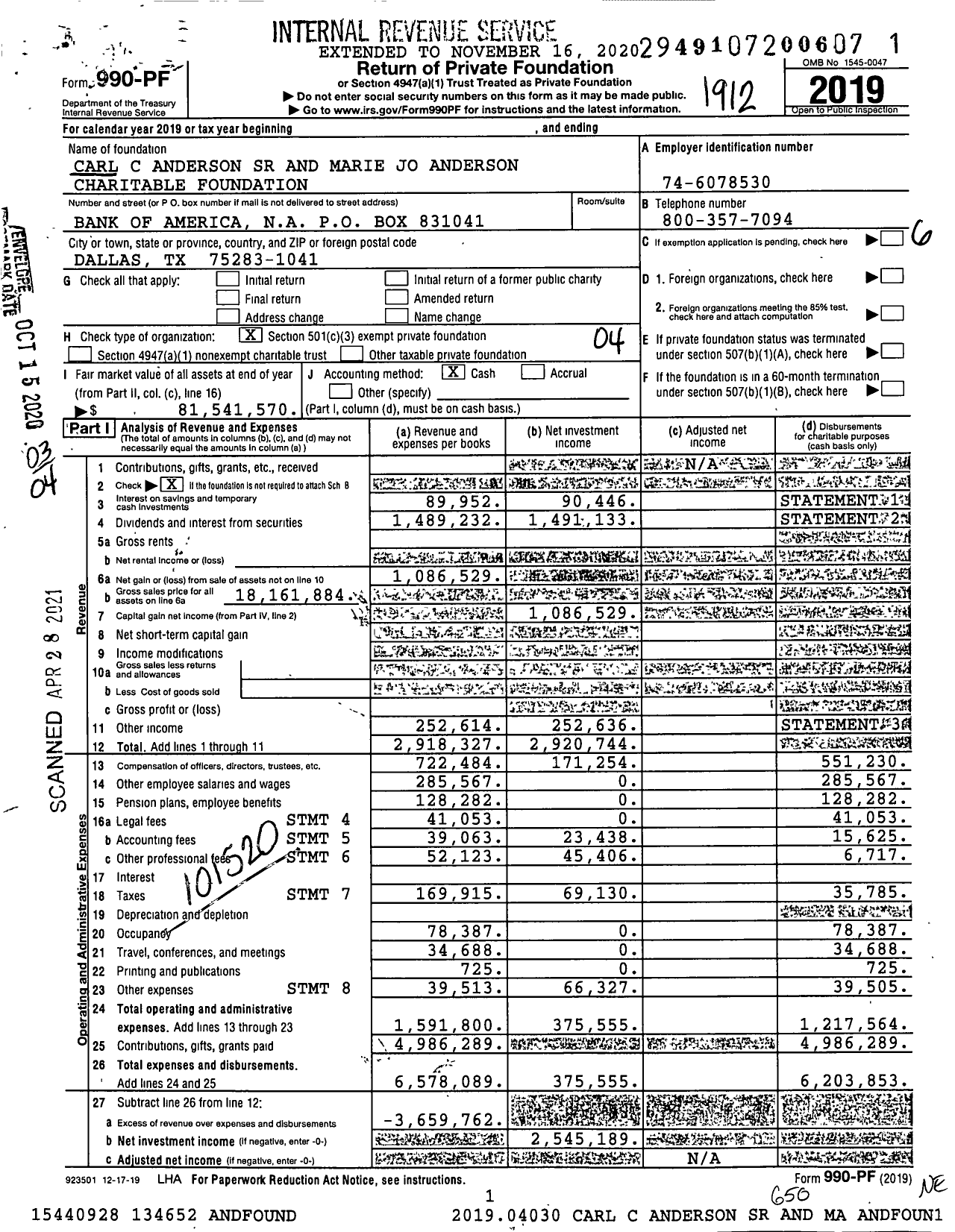 Image of first page of 2019 Form 990PF for Carl C Anderson SR and Marie Jo Anderson Charitable Foundation