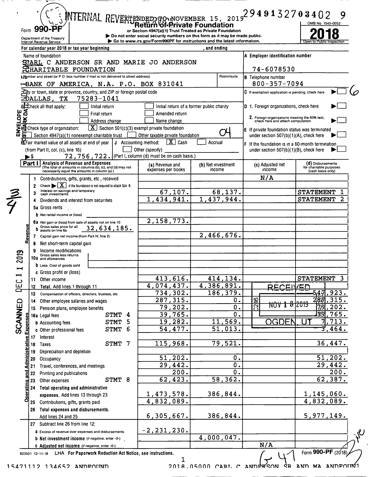 Image of first page of 2018 Form 990PF for Carl C Anderson SR and Marie Jo Anderson Charitable Foundation