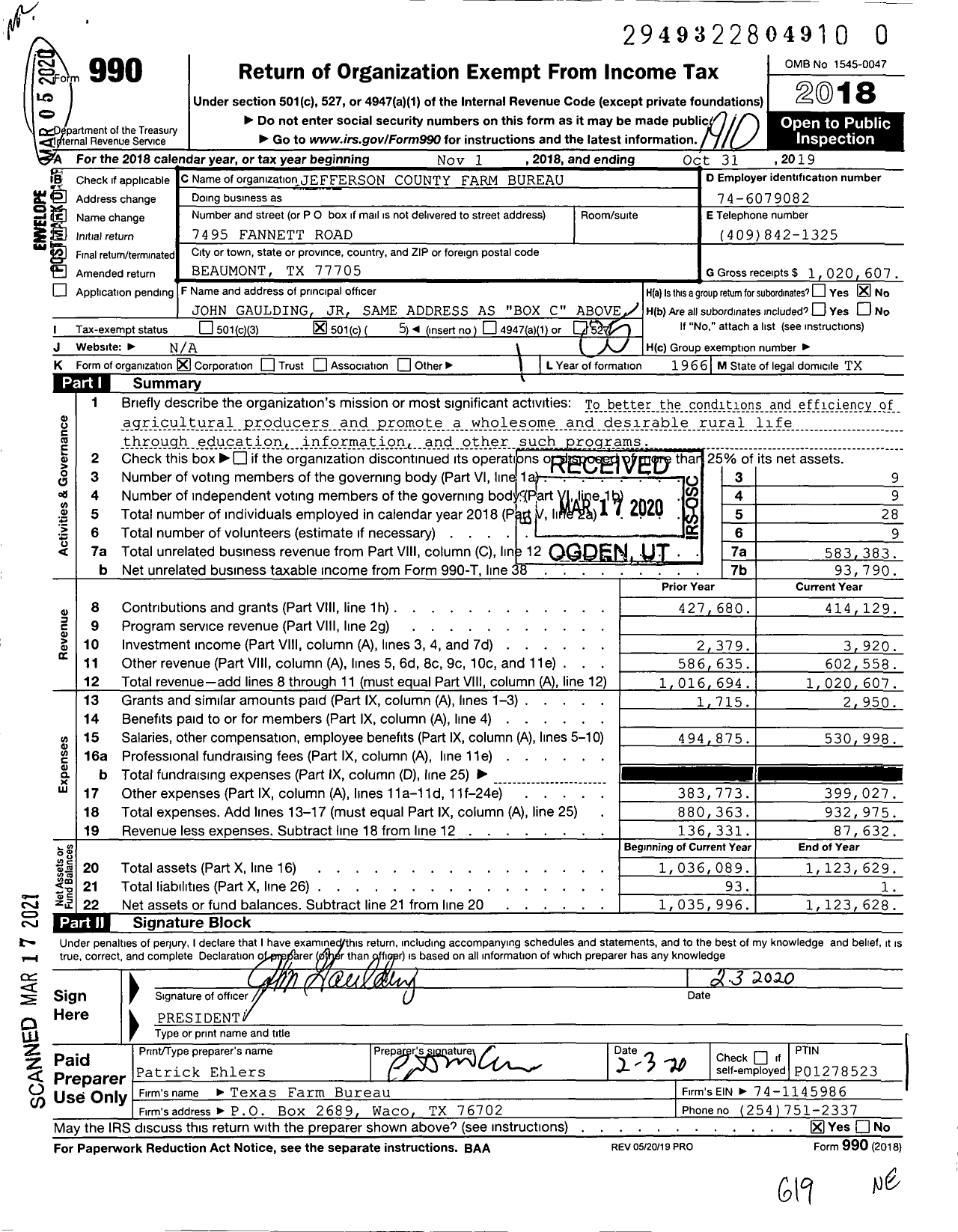 Image of first page of 2018 Form 990O for Jefferson County Farm Bureau