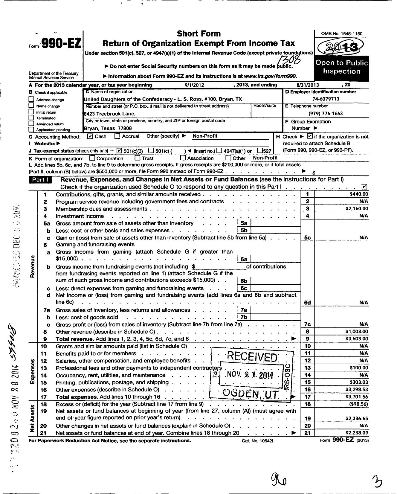 Image of first page of 2012 Form 990EZ for United Daughters of the Confederacy - 100 L S Ross Chapter