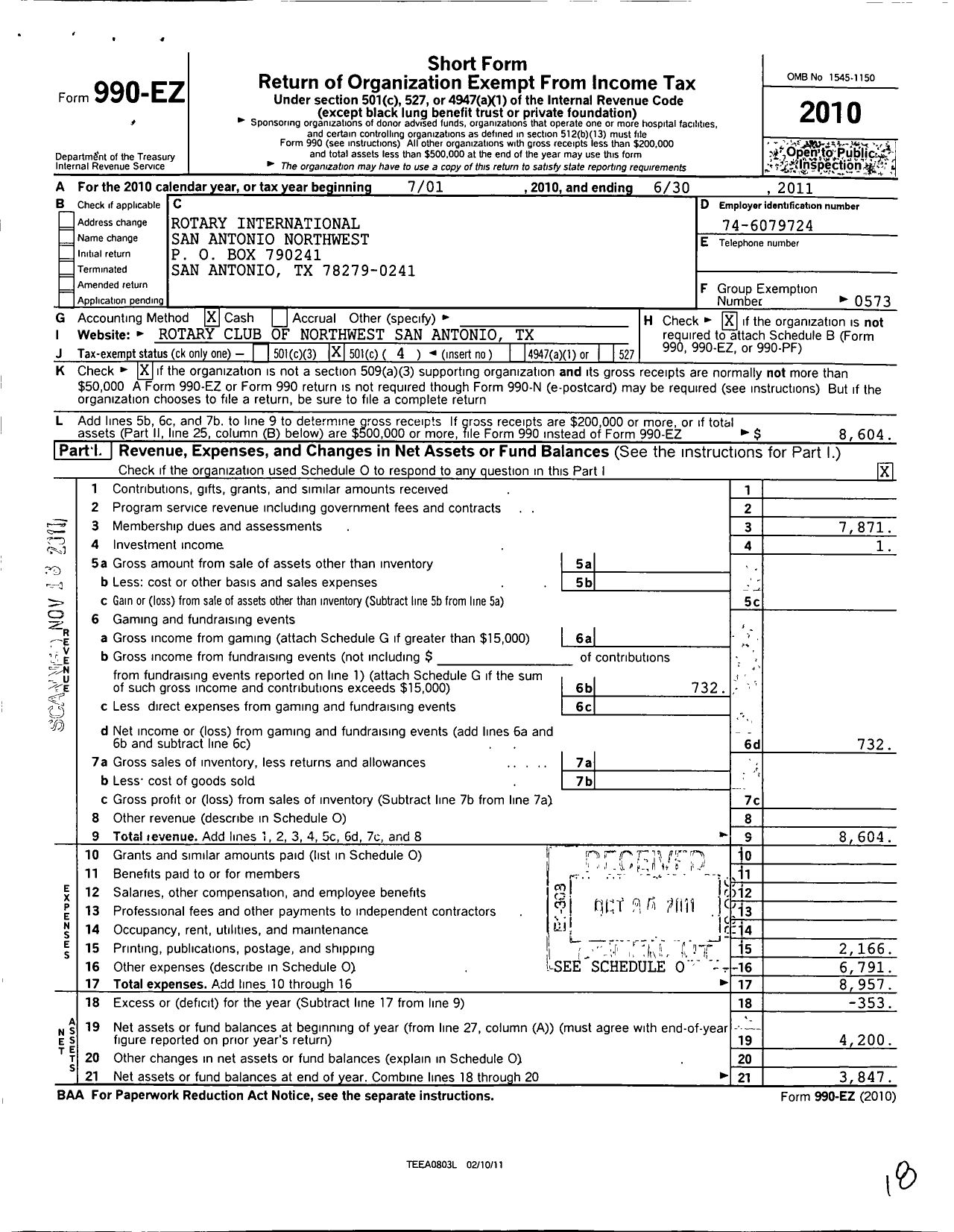 Image of first page of 2010 Form 990EO for Rotary Club of San Antonio Northwest Texas