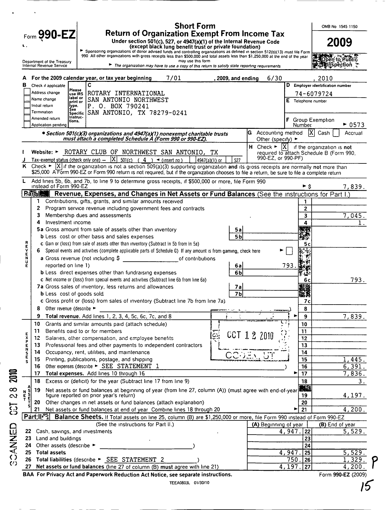 Image of first page of 2009 Form 990EO for Rotary Club of San Antonio Northwest Texas