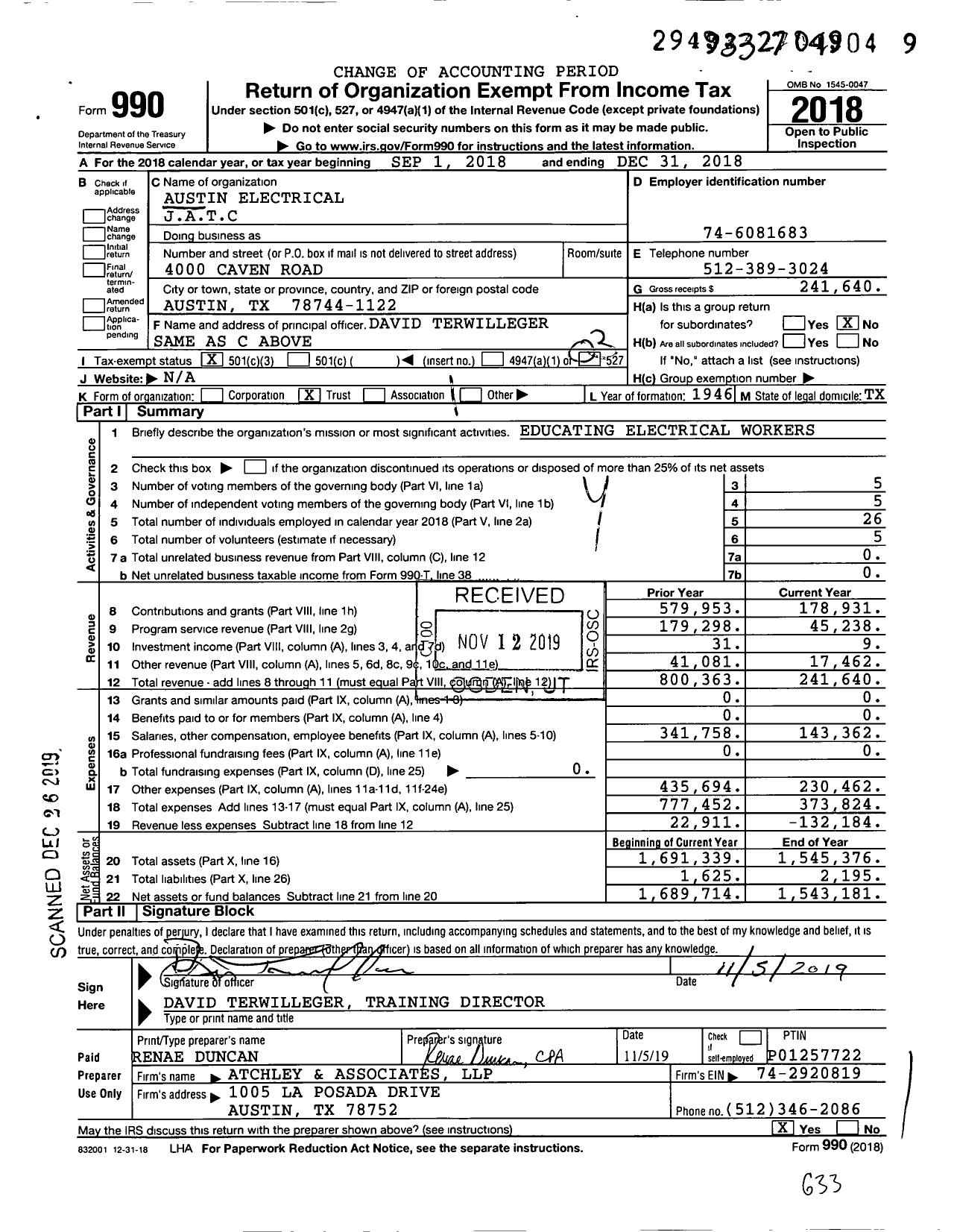 Image of first page of 2018 Form 990 for Austin Electrical Jatc