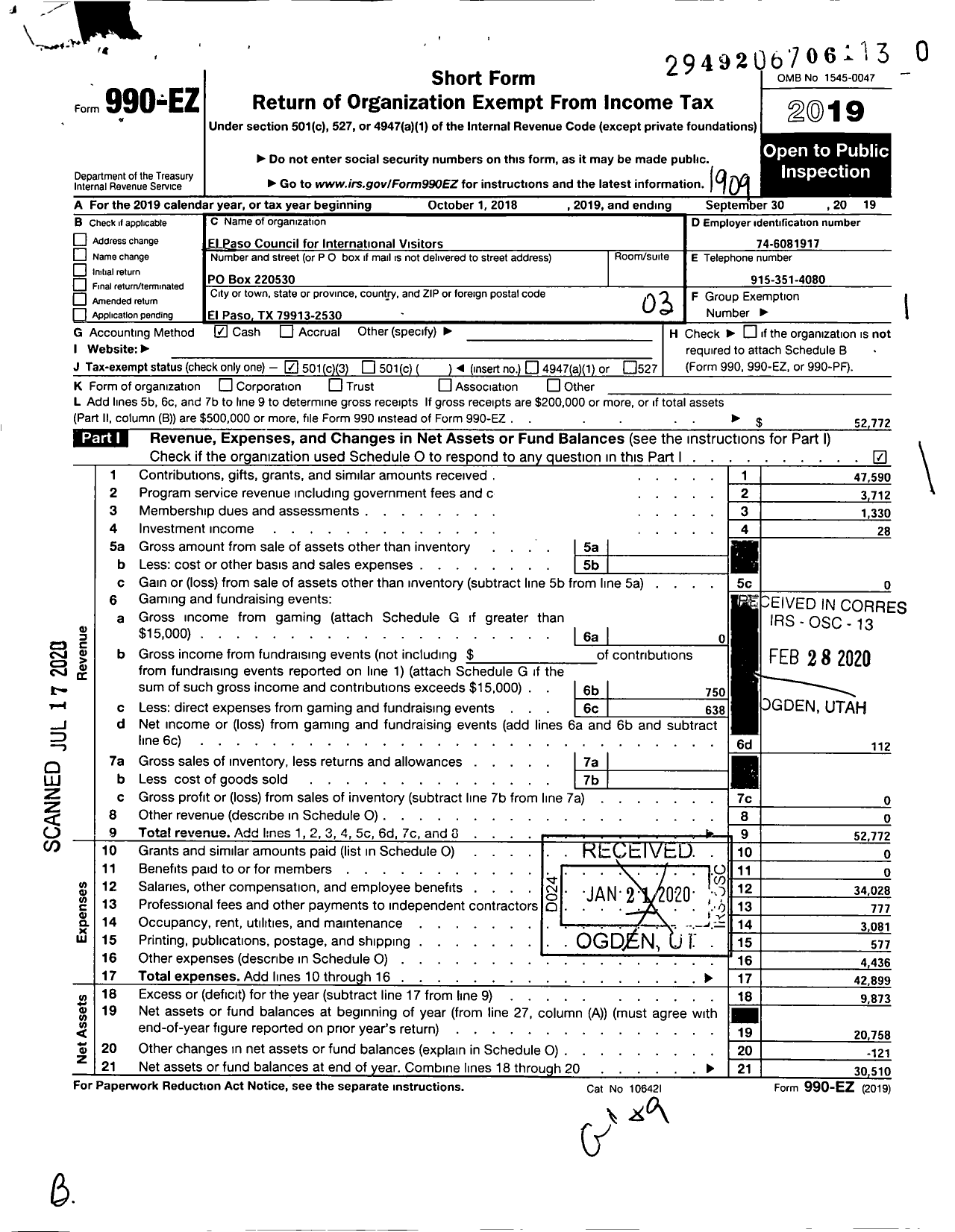 Image of first page of 2018 Form 990EZ for EL PASO COUNCIL for INTERNATIONAL VISiTORS