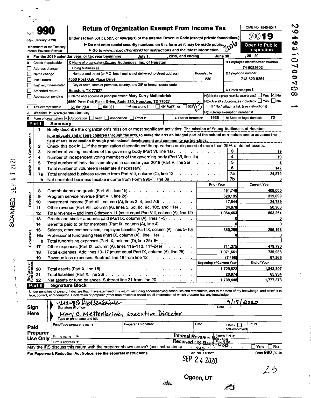 Image of first page of 2019 Form 990 for Young Audiences of Houston