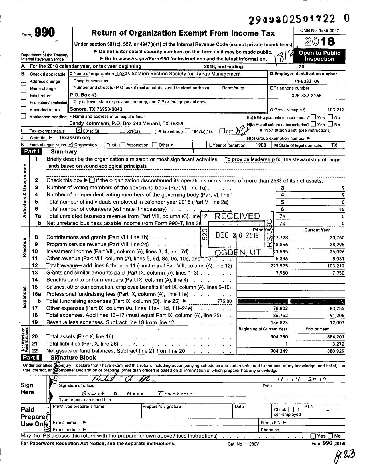 Image of first page of 2018 Form 990 for Texas Section Society for Range Management
