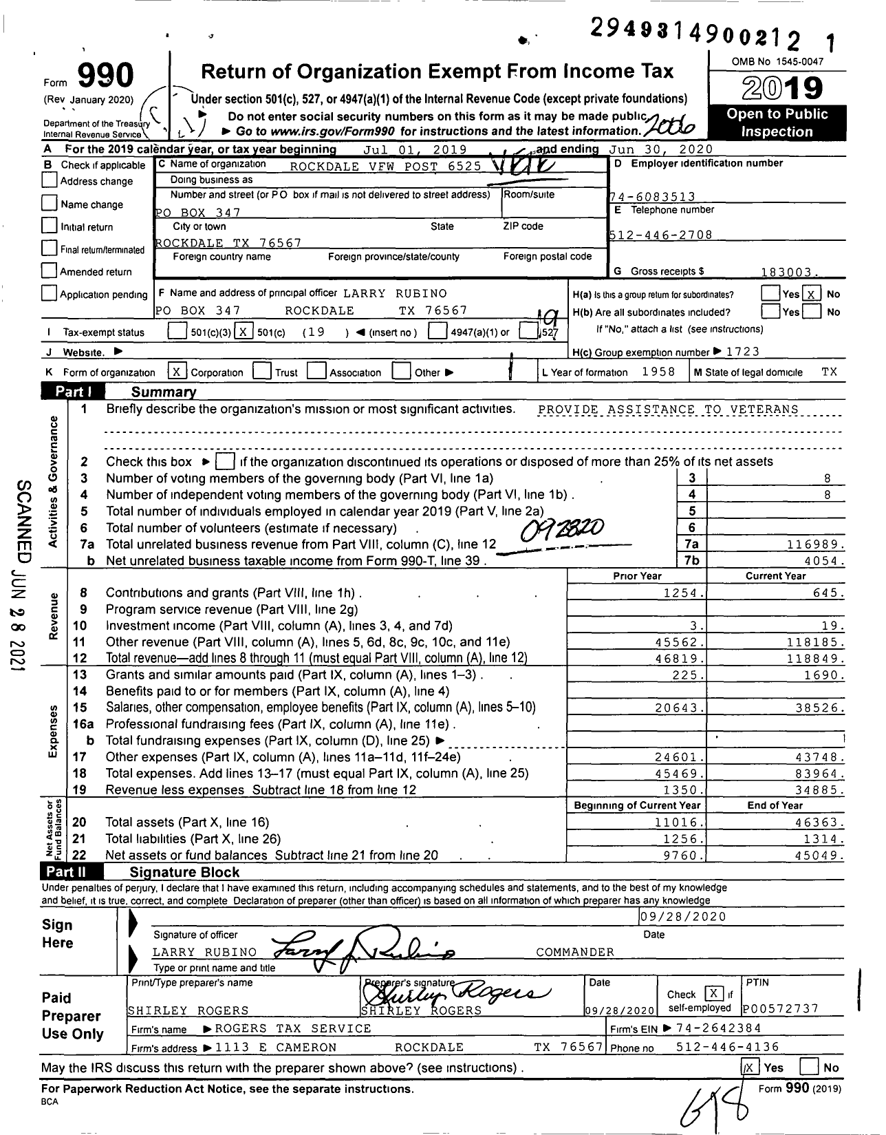 Image of first page of 2019 Form 990O for Texas VFW - 6525 Rockdale Memorial