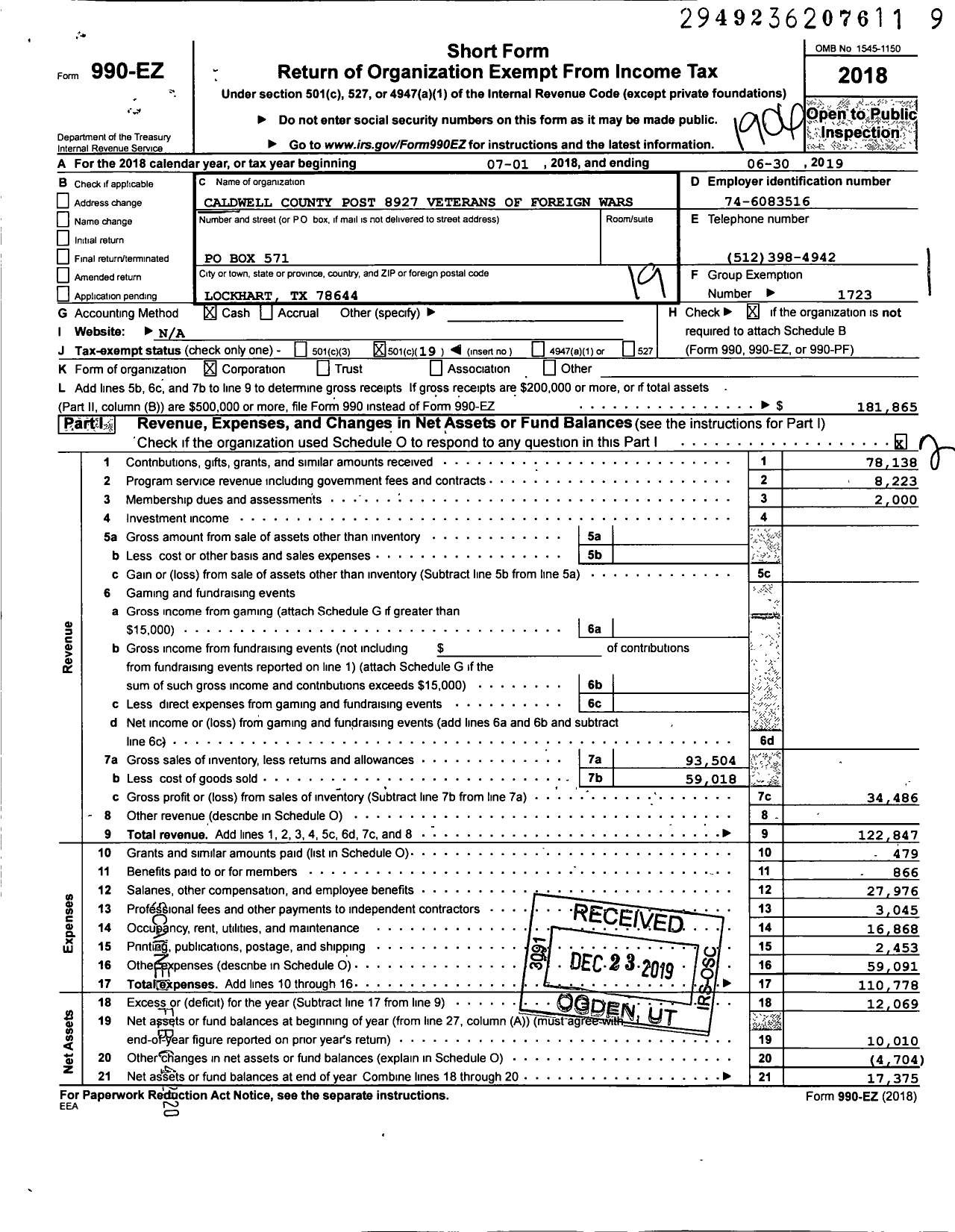 Image of first page of 2018 Form 990EO for Texas VFW - 8927 Caldwell County Post