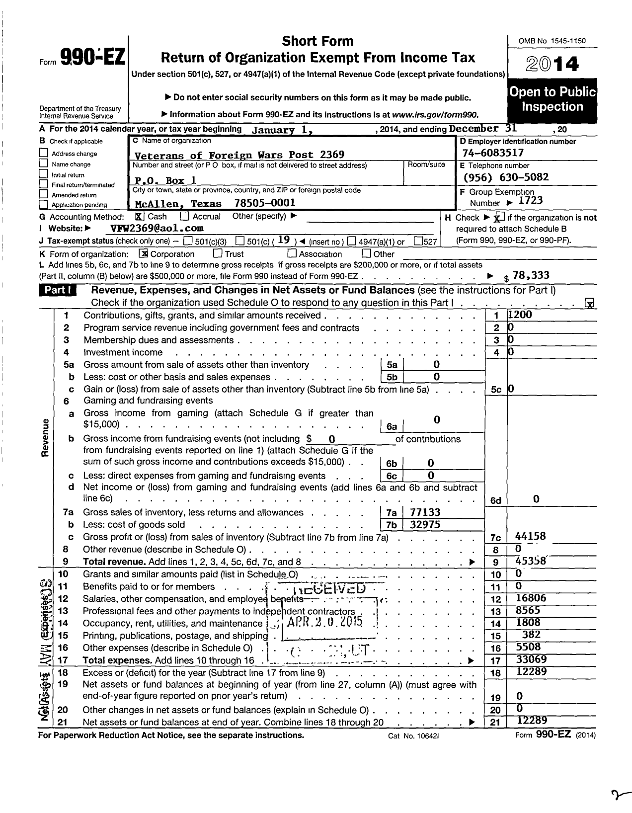 Image of first page of 2014 Form 990EO for Texas VFW - 2369 James Nikki Rowe