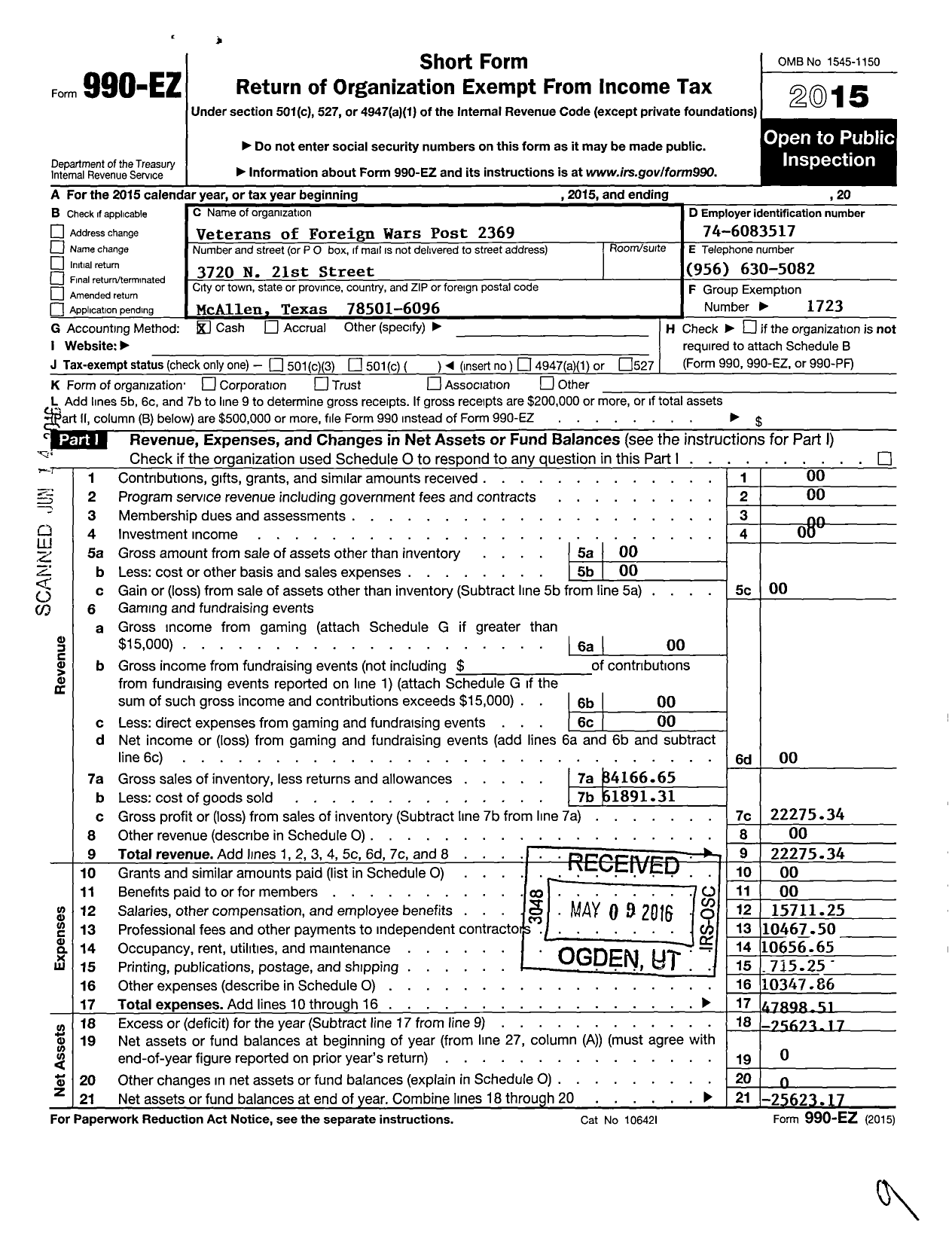 Image of first page of 2015 Form 990EO for Texas VFW - 2369 James Nikki Rowe