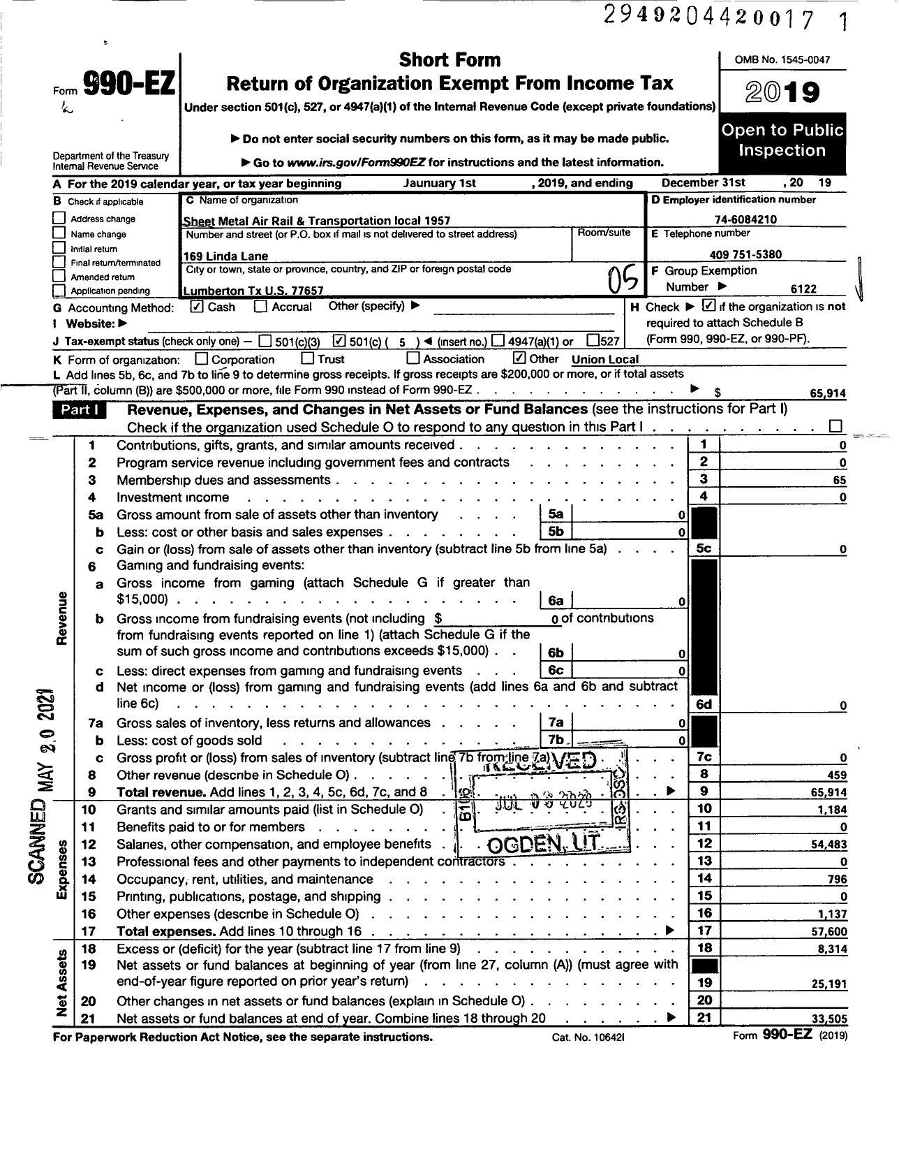Image of first page of 2019 Form 990EO for Smart Union - 1957 TD