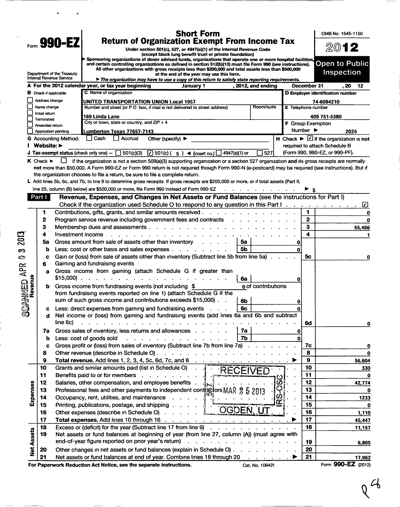Image of first page of 2012 Form 990EO for Smart Union - 1957 TD