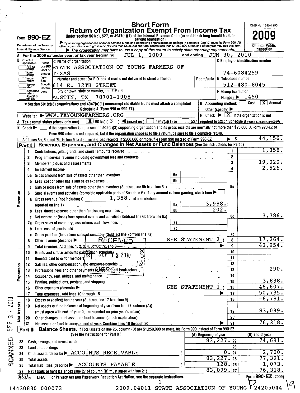 Image of first page of 2009 Form 990EZ for State Association of Young Farmers of Texas / Parent Organization