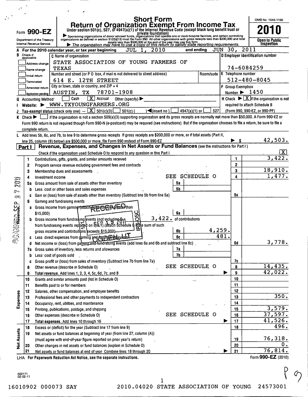 Image of first page of 2010 Form 990EZ for State Association of Young Farmers of Texas / Parent Organization